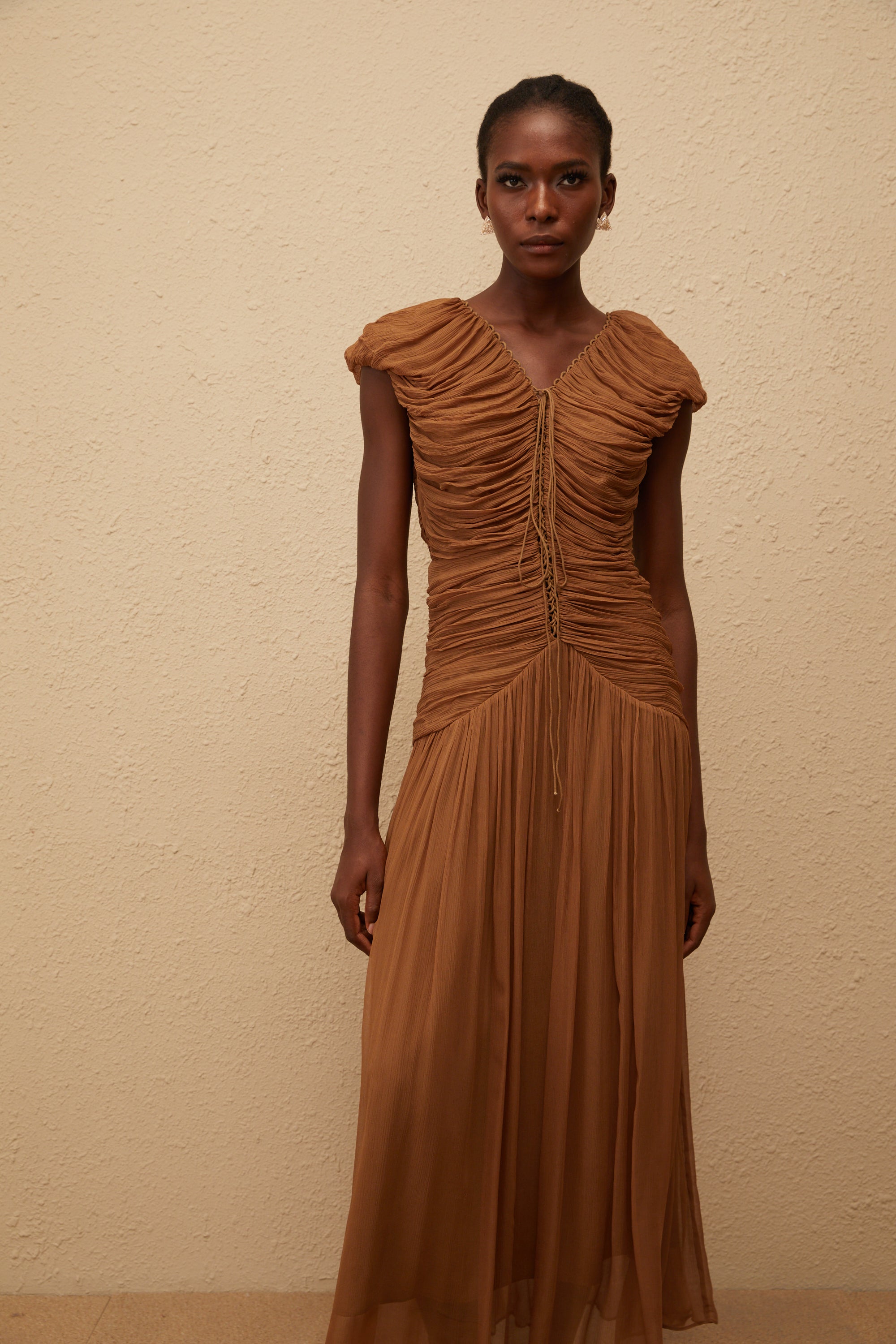 Vérane Brown Ruched Chiffon Maxi Dress