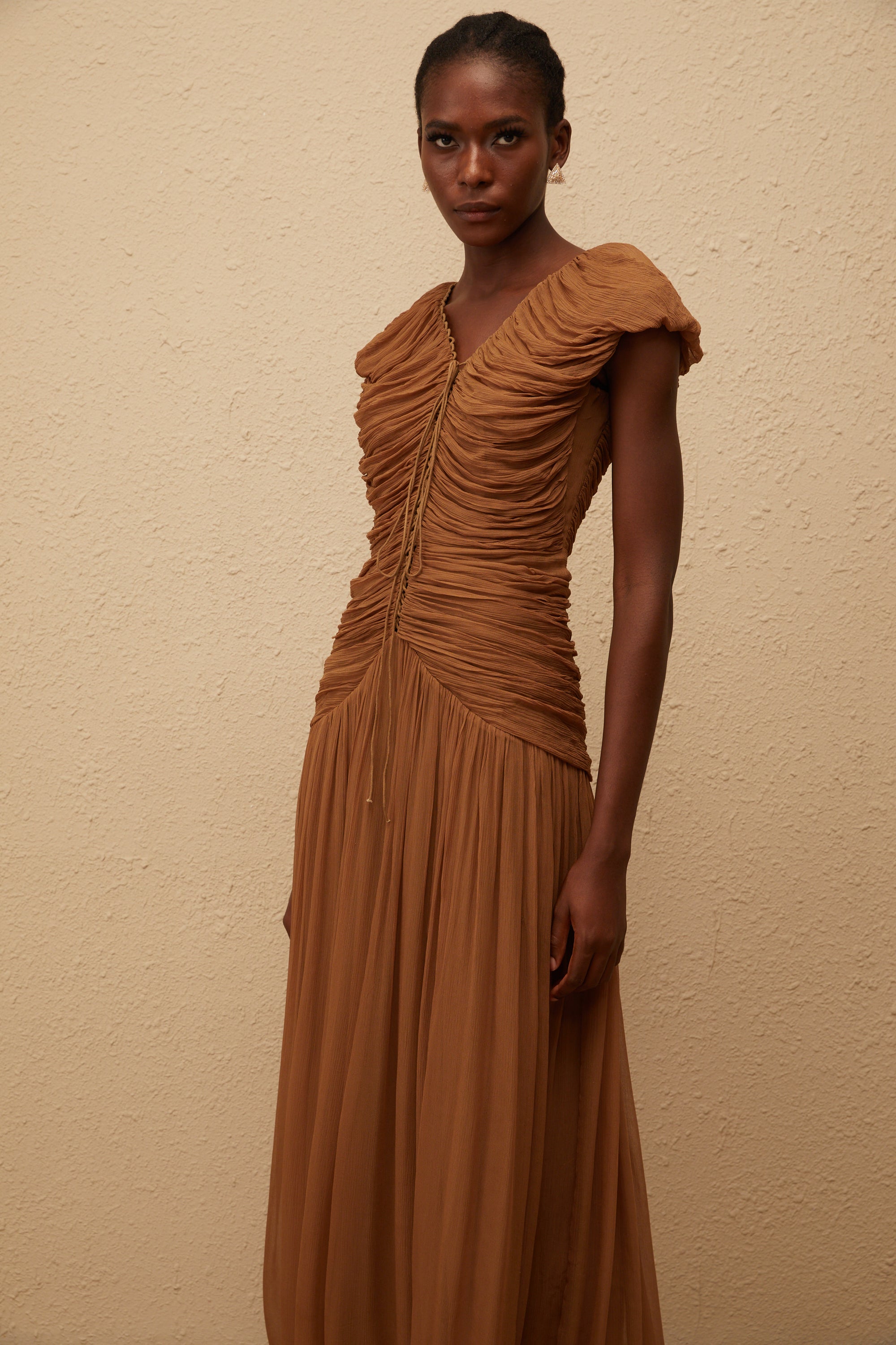 Vérane Brown Ruched Chiffon Maxi Dress