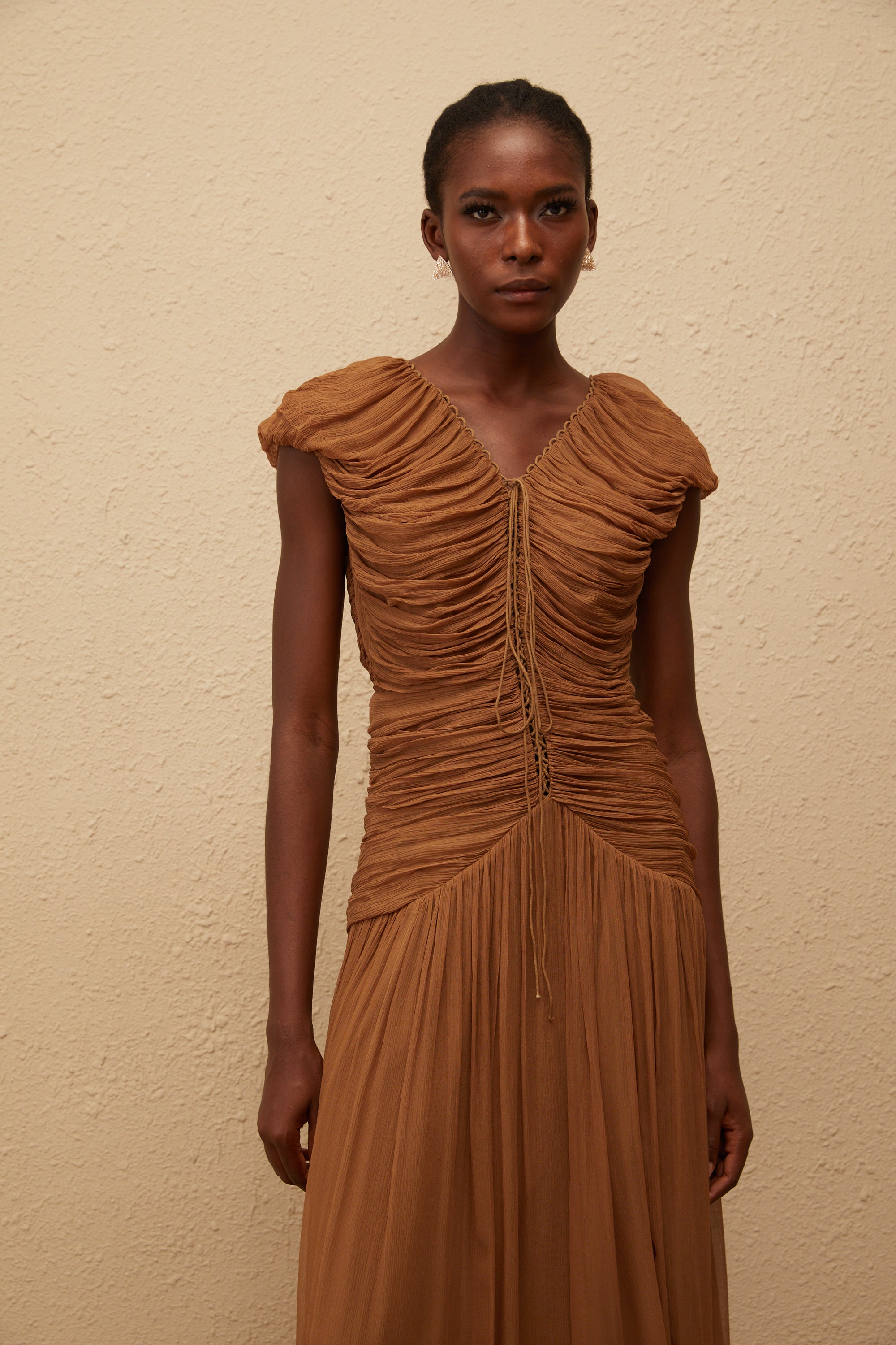 Vérane Brown Ruched Chiffon Maxi Dress