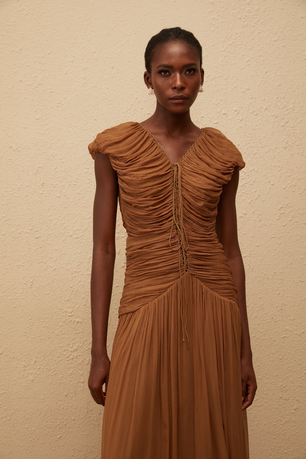 Vérane Brown Ruched Chiffon Maxi Dress