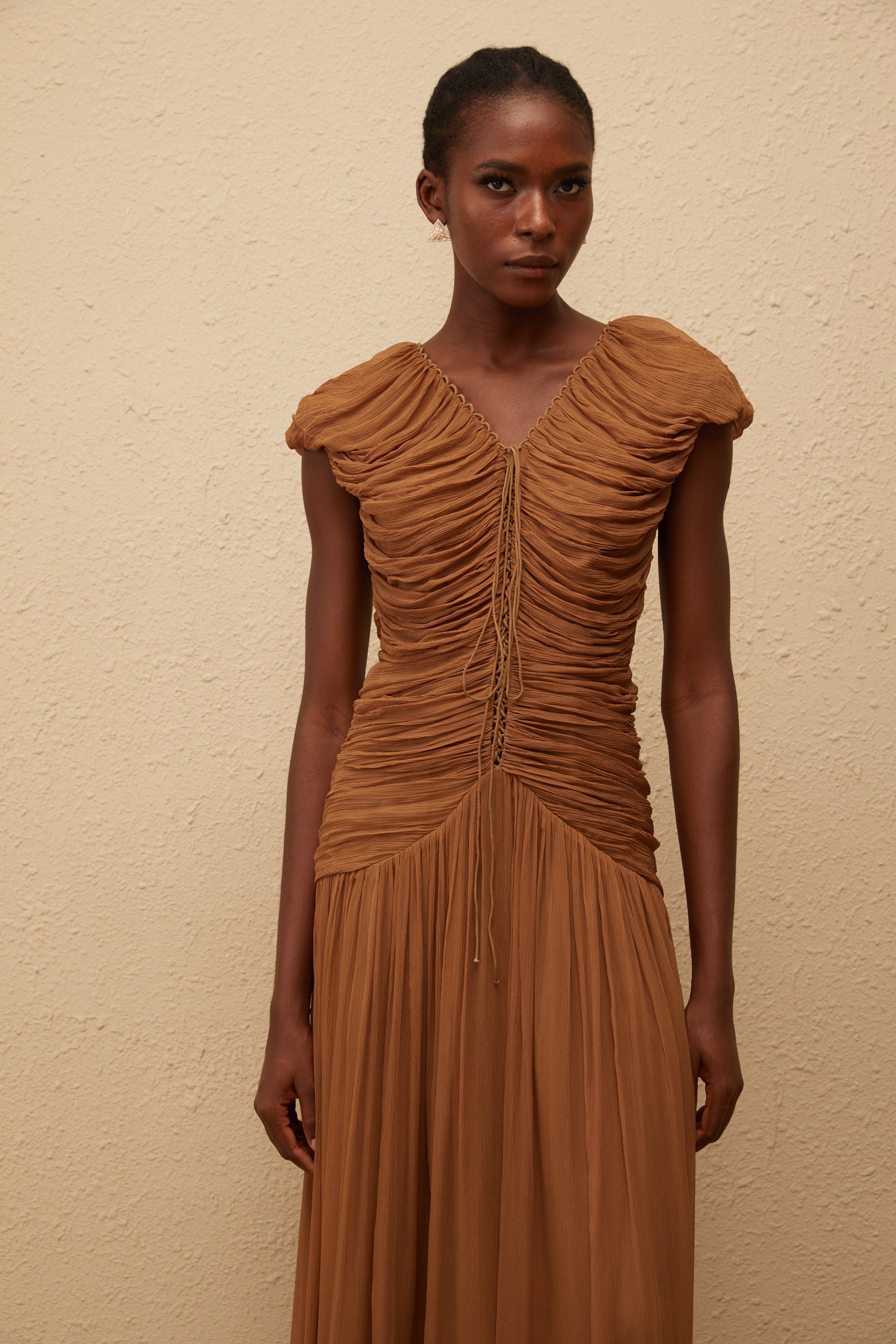 Vérane Brown Ruched Chiffon Maxi Dress