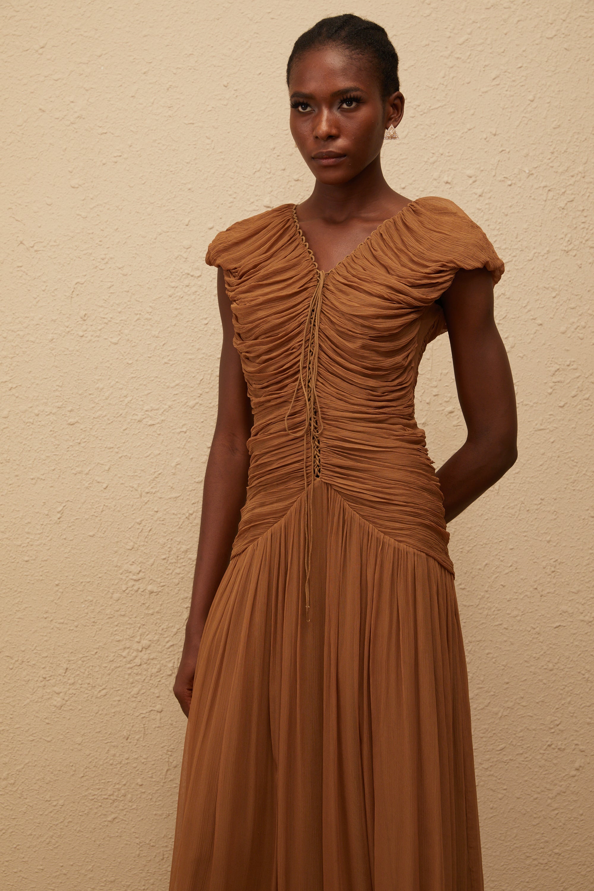 Vérane Brown Ruched Chiffon Maxi Dress