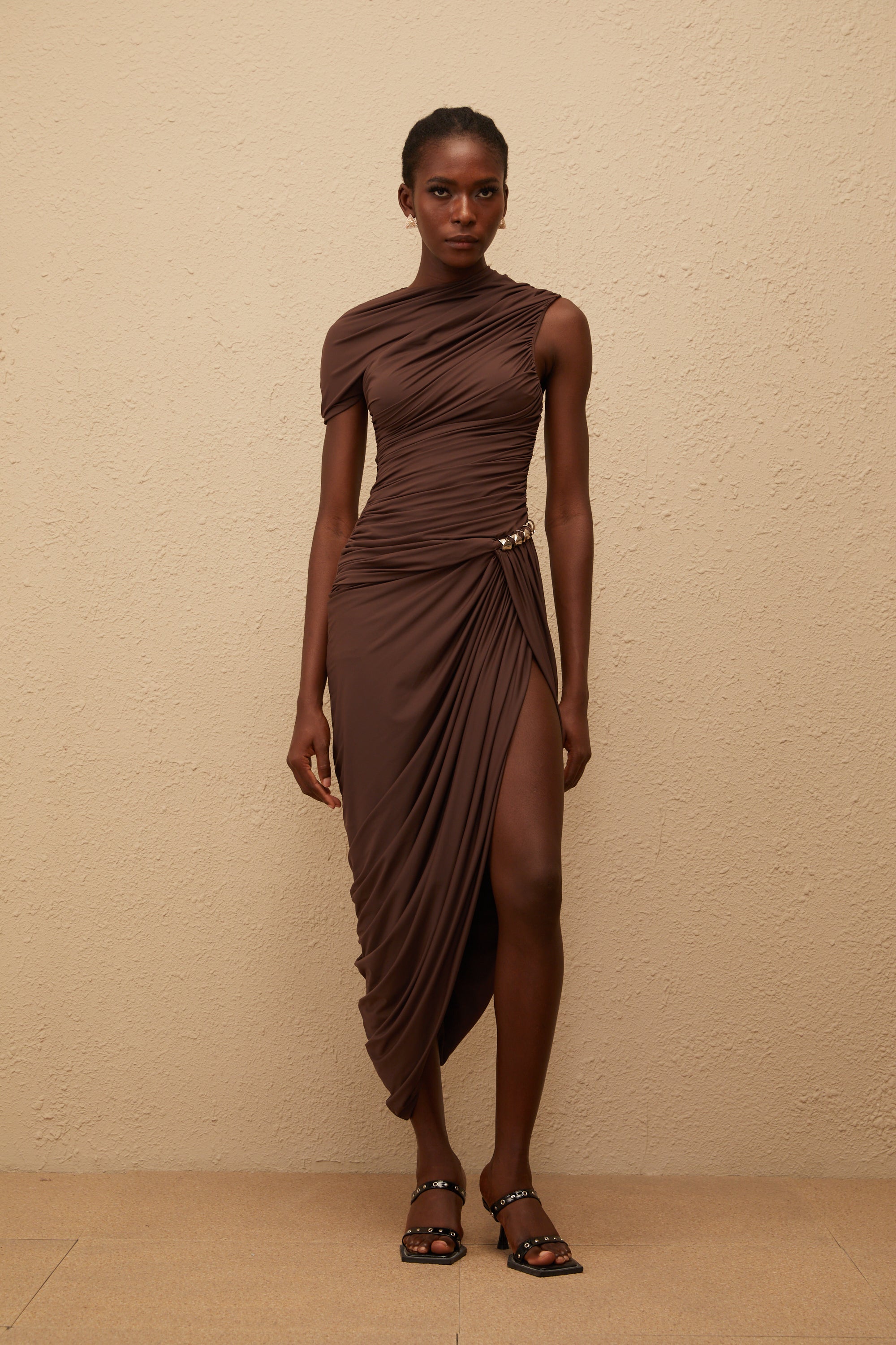 Prune Brown Night Out Asymmetrical Ruched Midi Dress