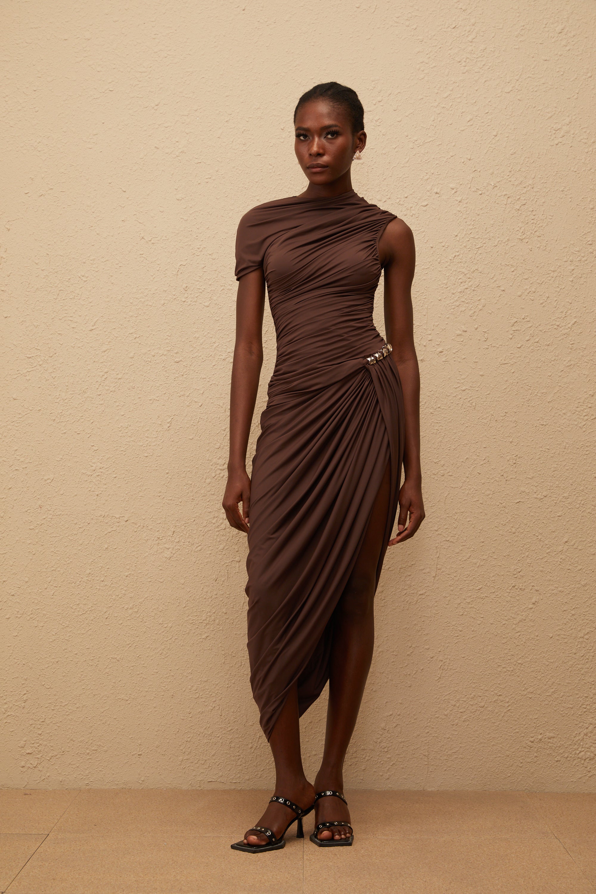 Prune Brown Night Out Asymmetrical Ruched Midi Dress