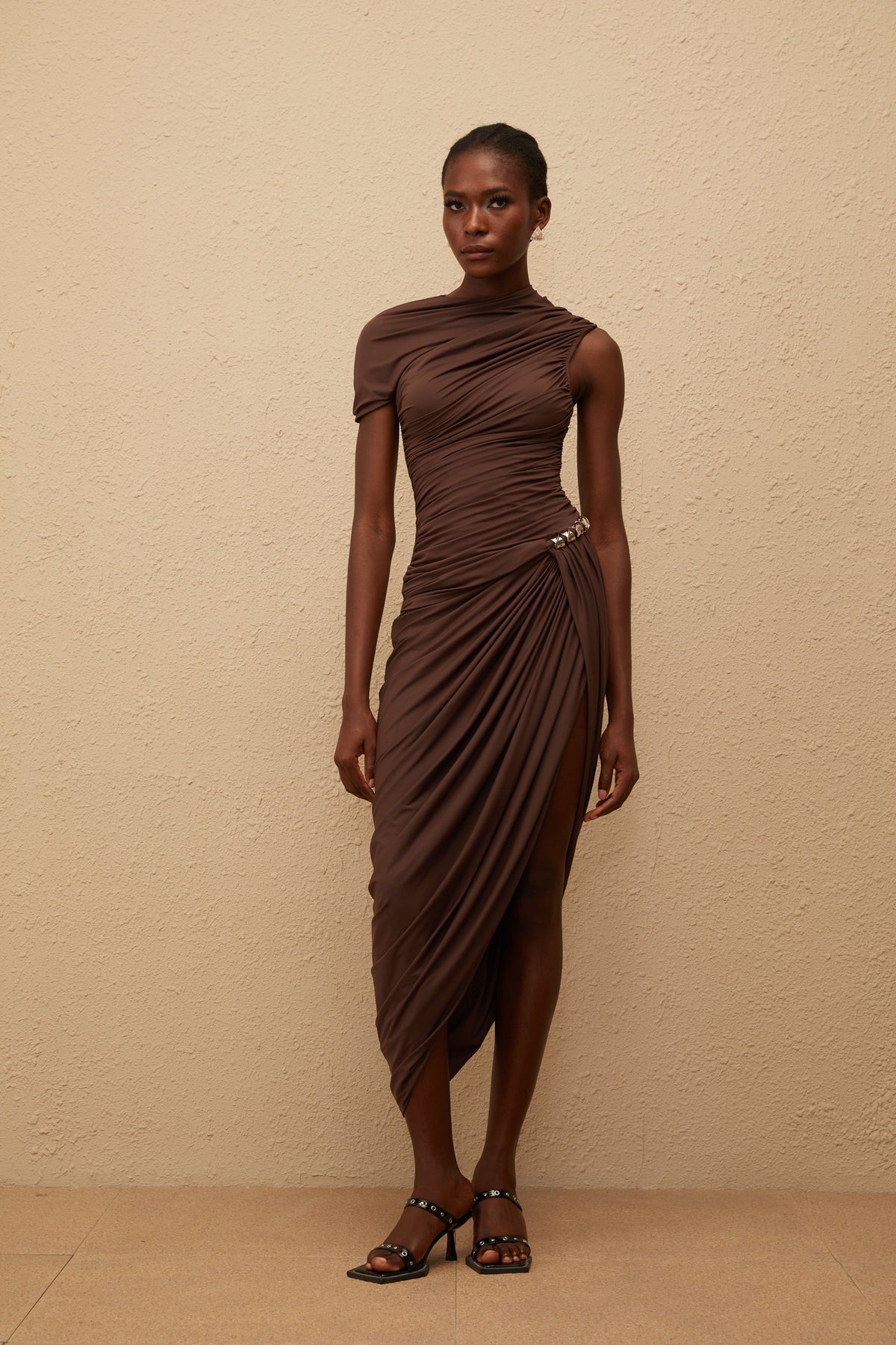 Prune Brown Night Out Asymmetrical Ruched Midi Dress (Final Sale-US Only)