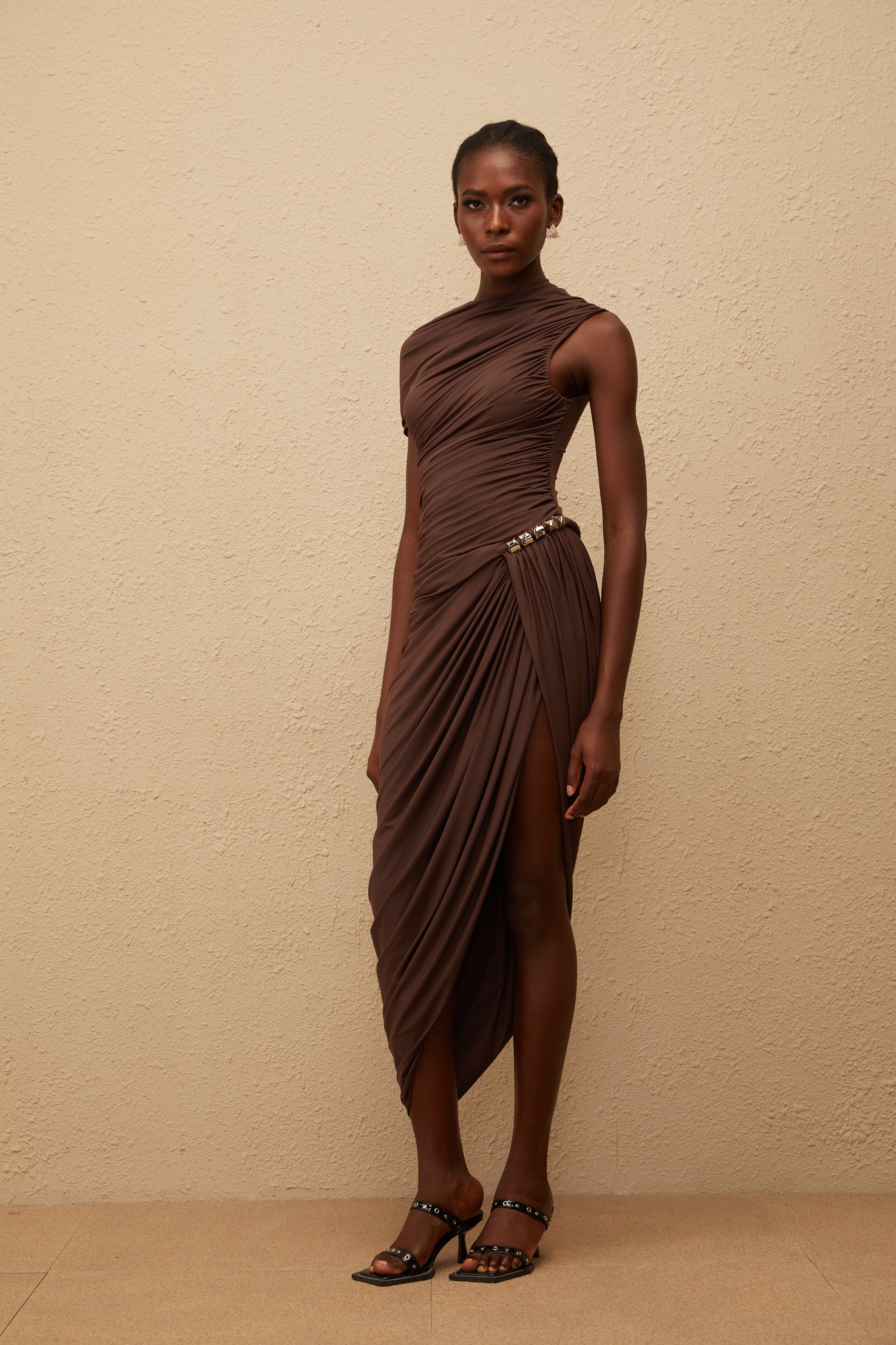 Prune Brown Night Out Asymmetrical Ruched Midi Dress