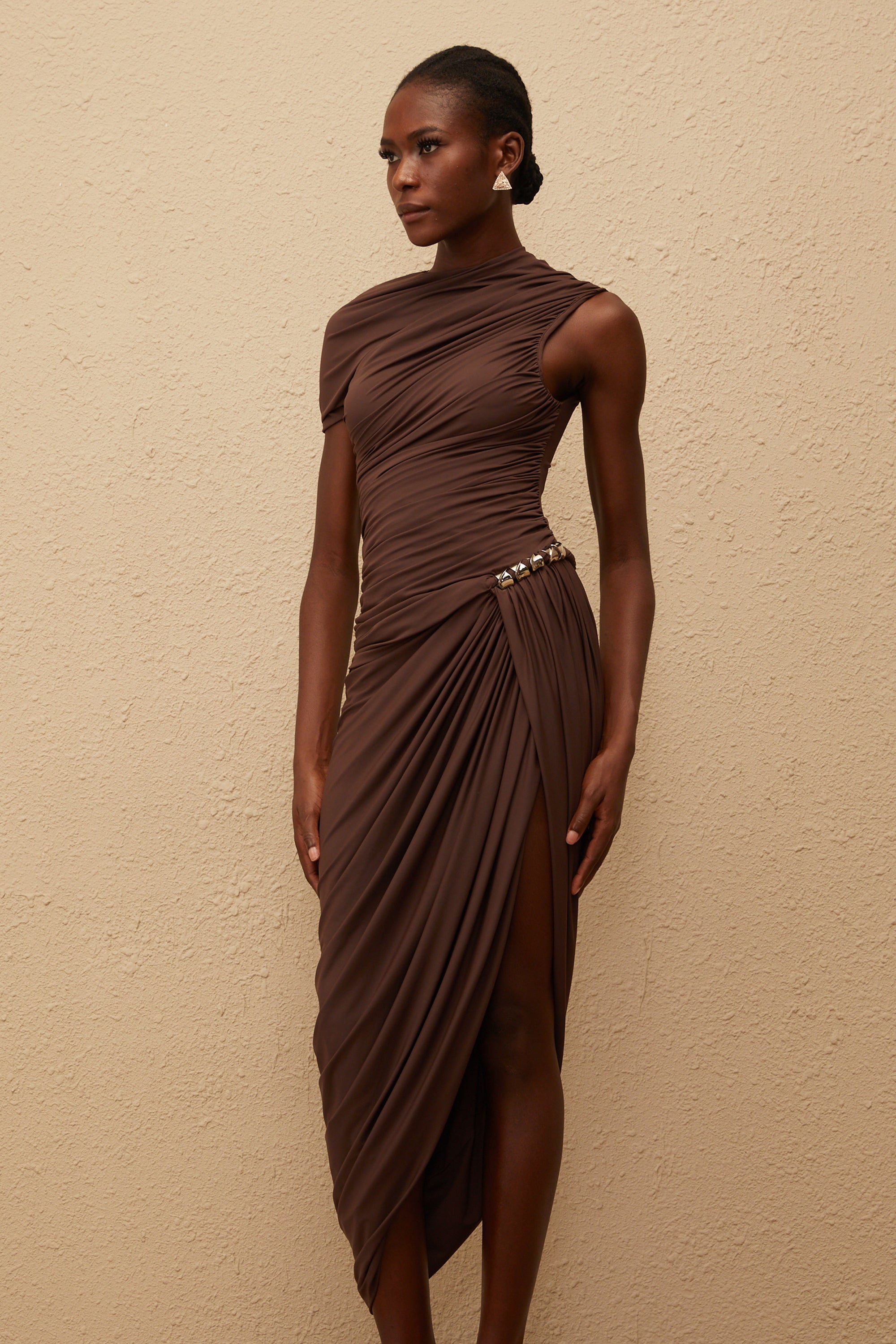 Prune Brown Night Out Asymmetrical Ruched Midi Dress