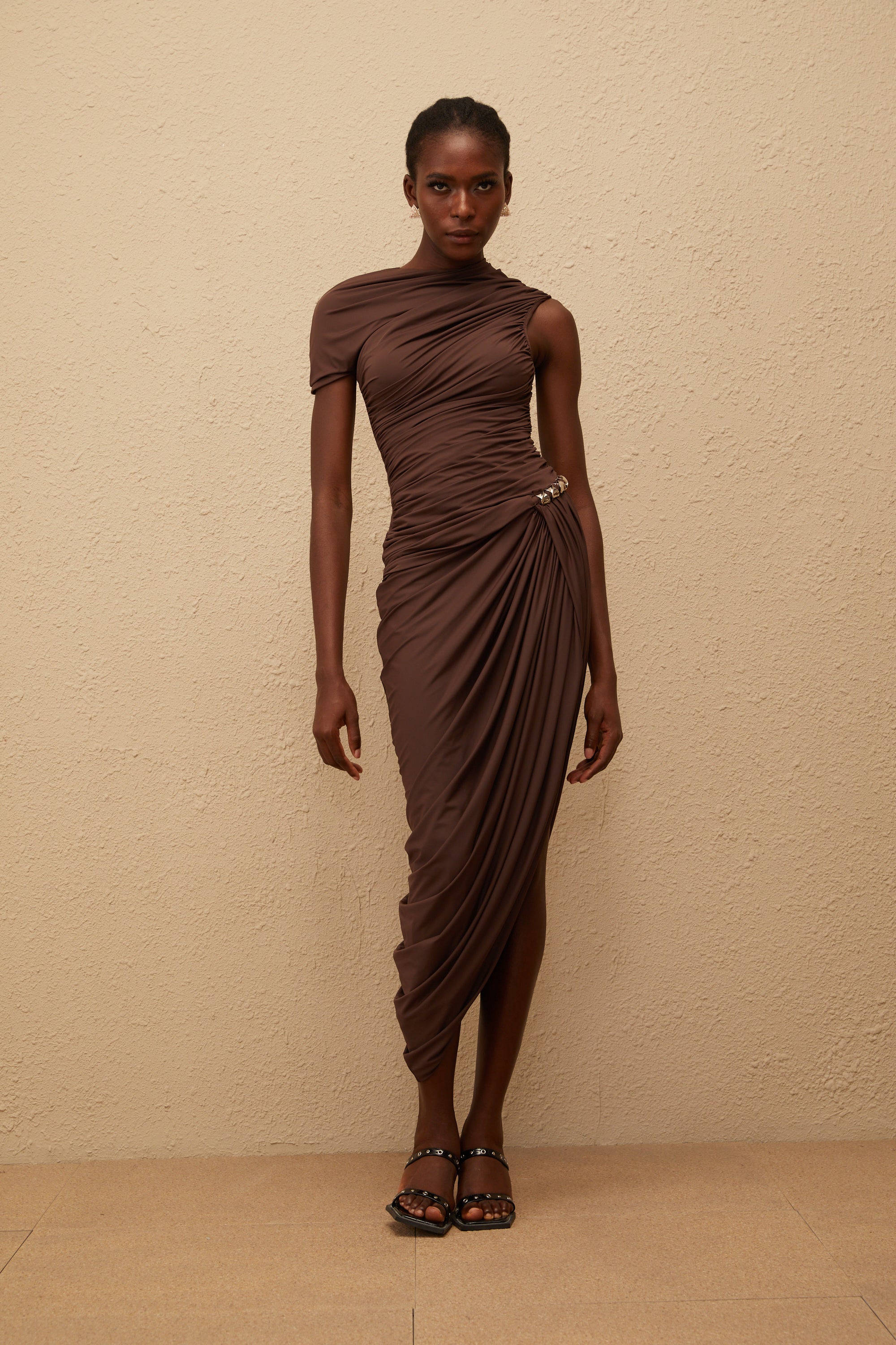 Prune Brown Night Out Asymmetrical Ruched Midi Dress
