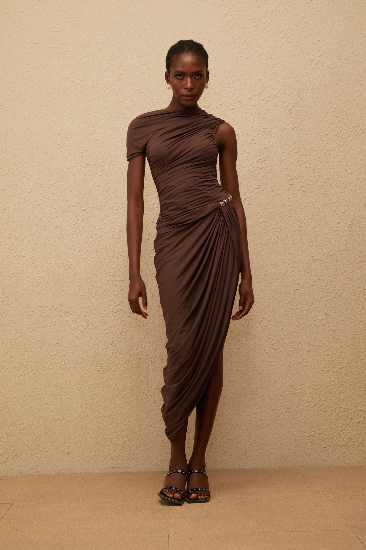 Prune Brown Night Out Asymmetrical Ruched Midi Dress (Final Sale-US Only)