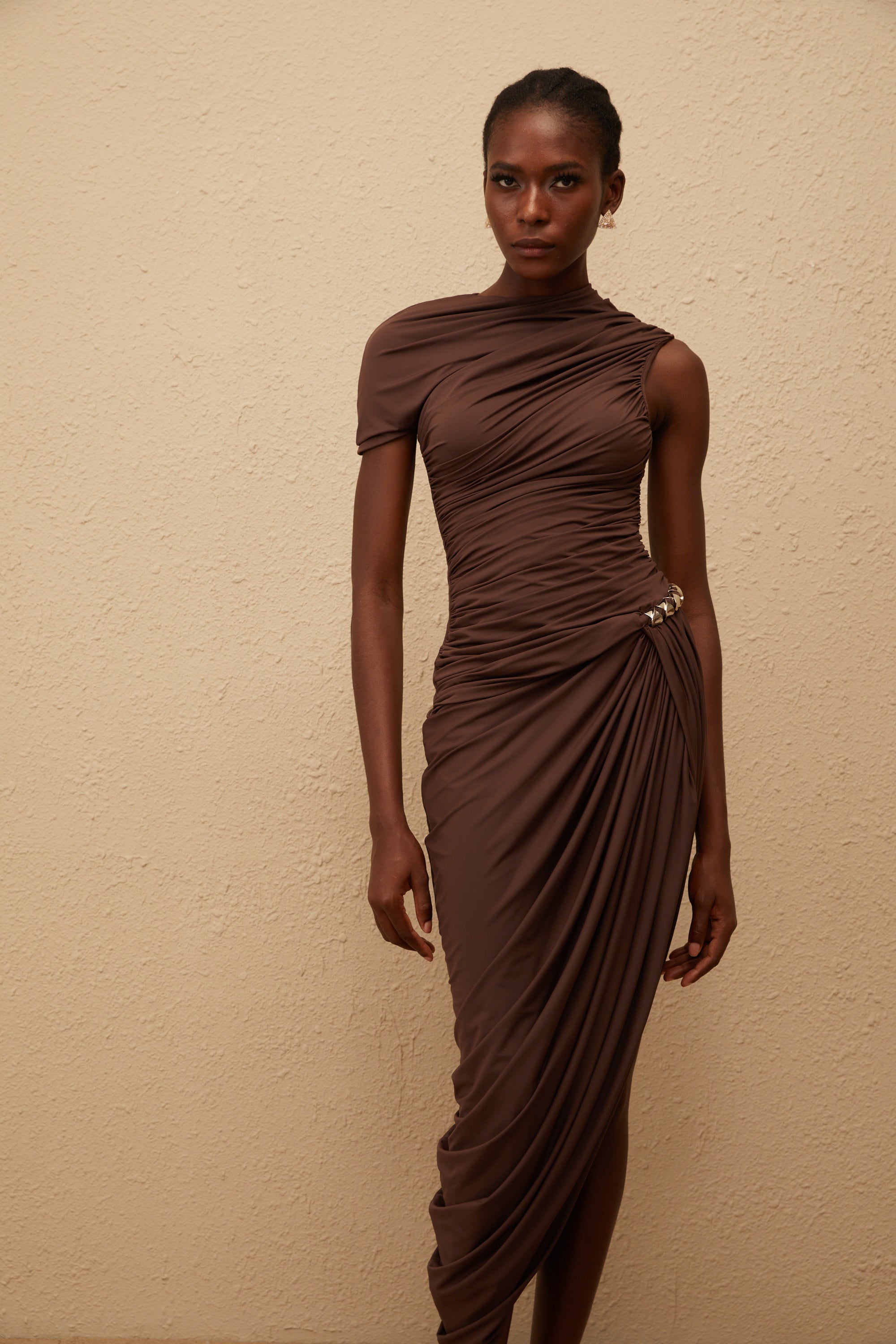 Prune Brown Night Out Asymmetrical Ruched Midi Dress