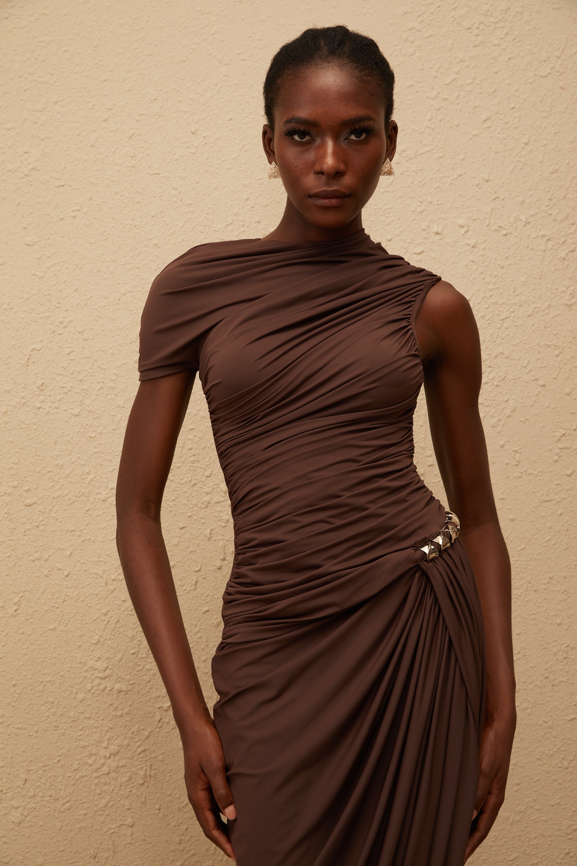 Prune Brown Night Out Asymmetrical Ruched Midi Dress