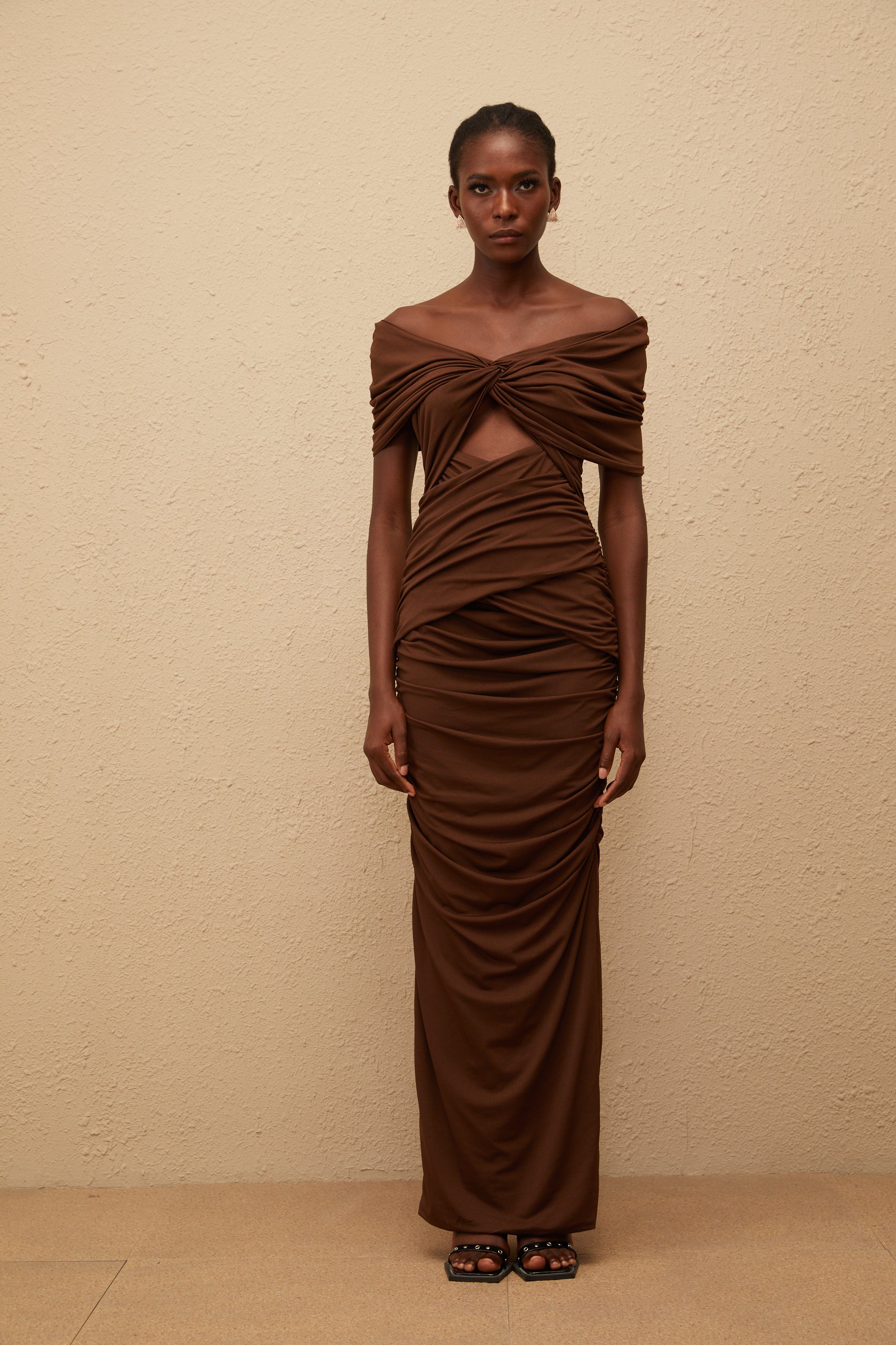 Liliane Brown Ruched Knit Maxi Dress