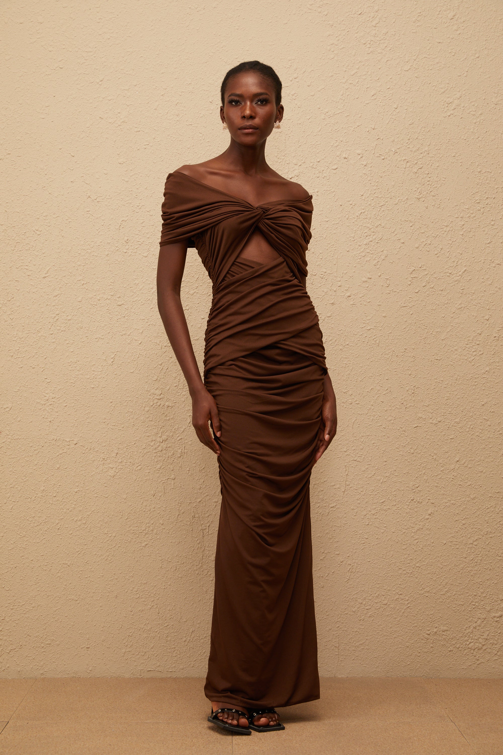 Liliane Brown Ruched Knit Maxi Dress