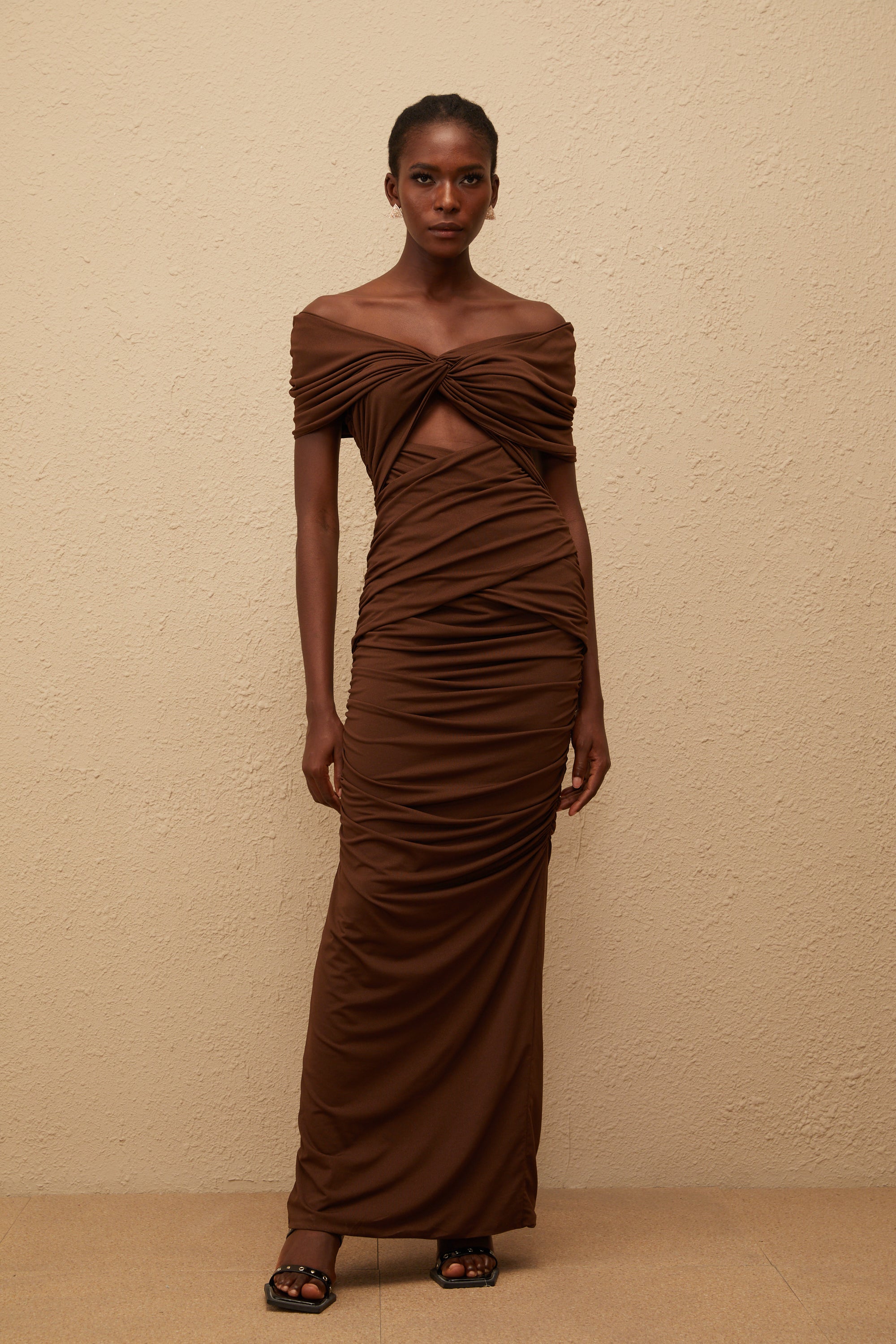 Liliane Brown Ruched Knit Maxi Dress