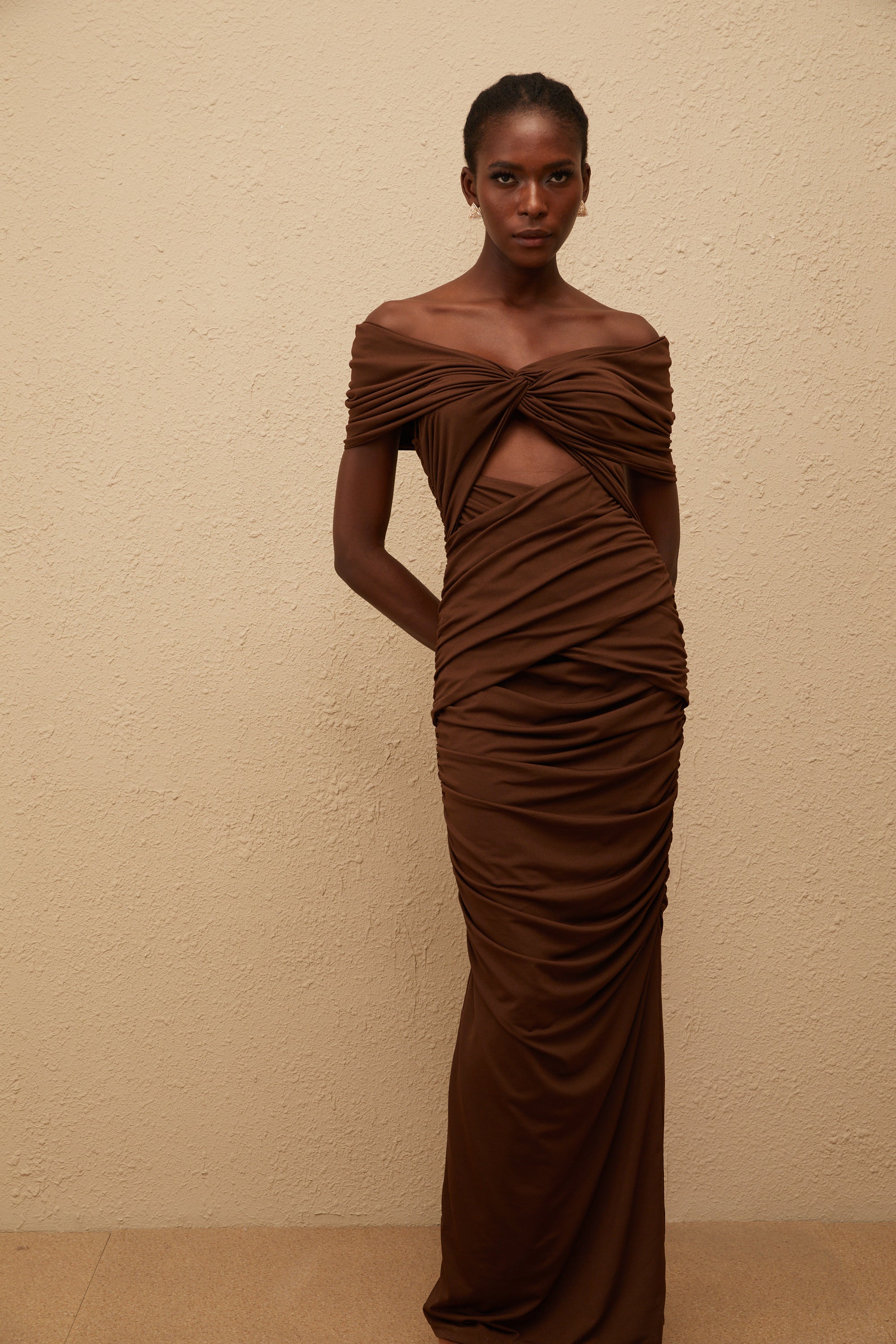 Liliane Brown Ruched Knit Maxi Dress