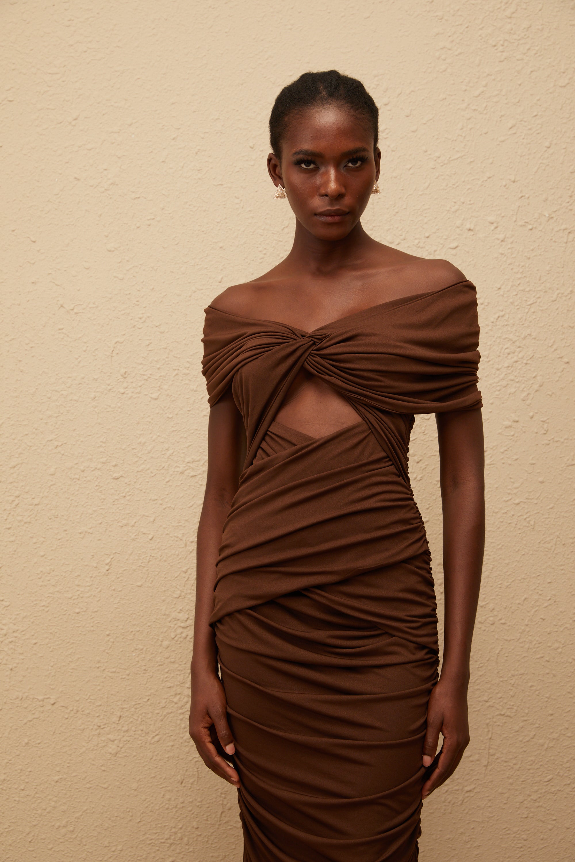 Liliane Brown Ruched Knit Maxi Dress