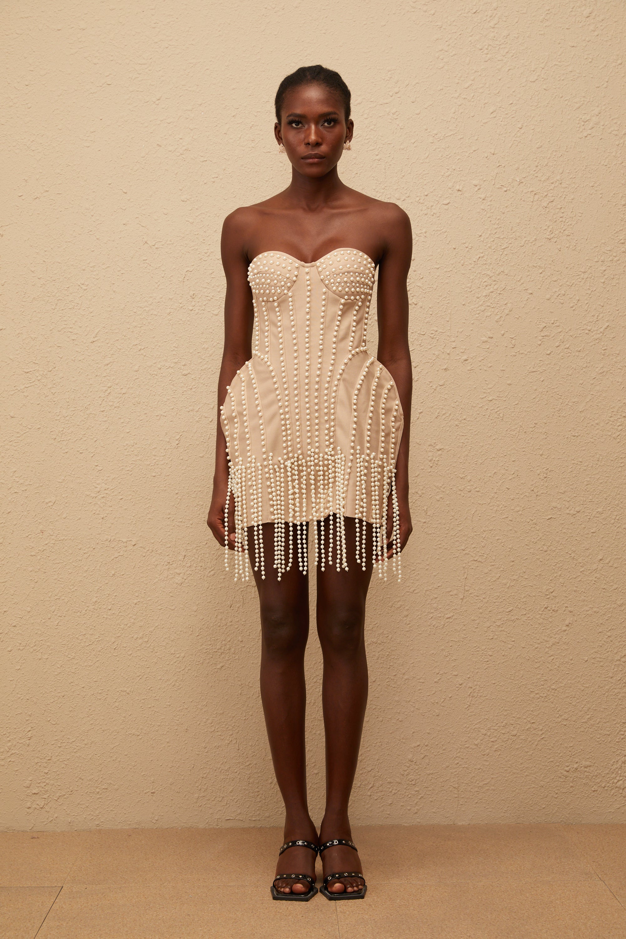 Delilah Neutral Faux Pearl Fringed Mini Dress