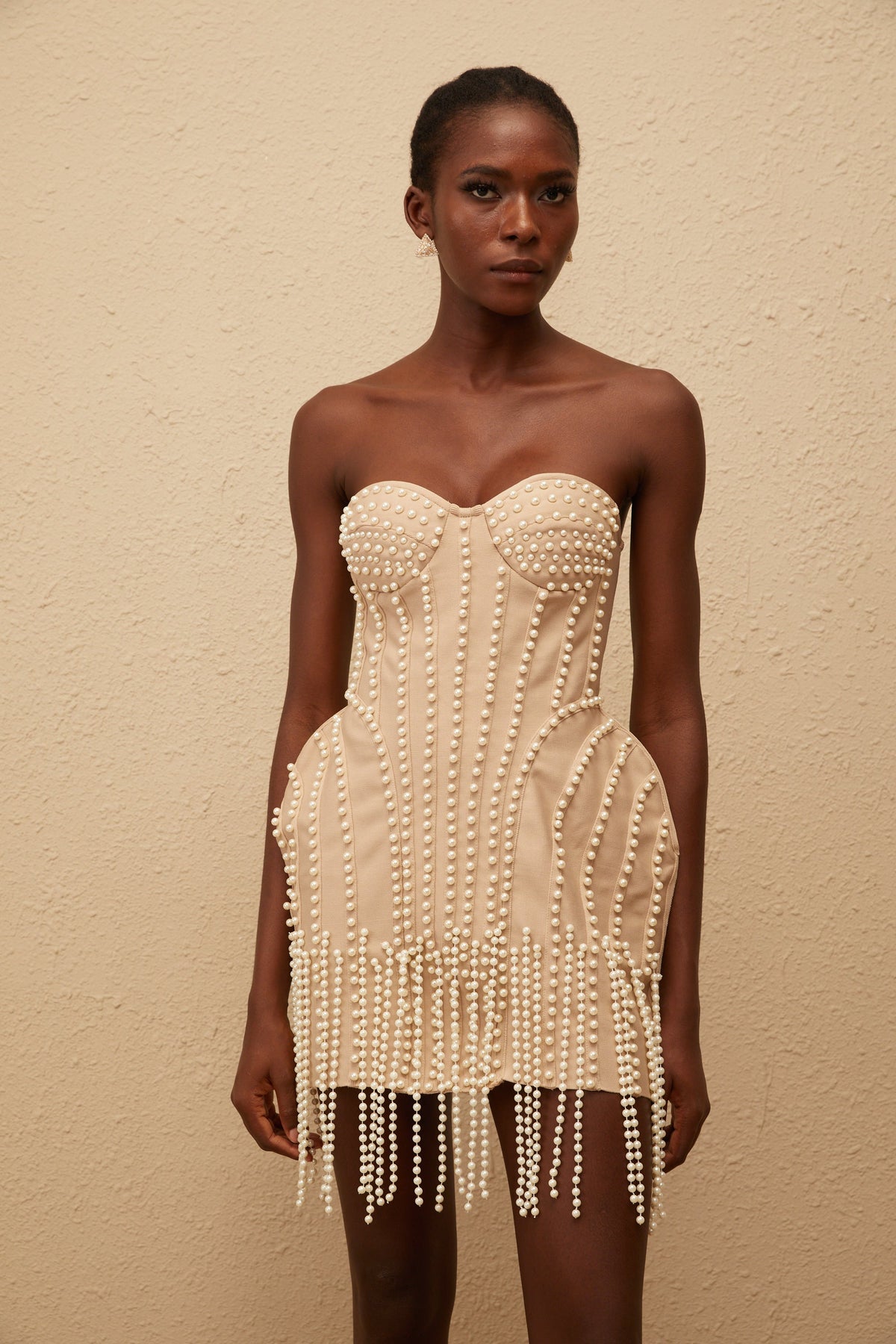 Delilah Neutral Faux Pearl Fringed Mini Dress