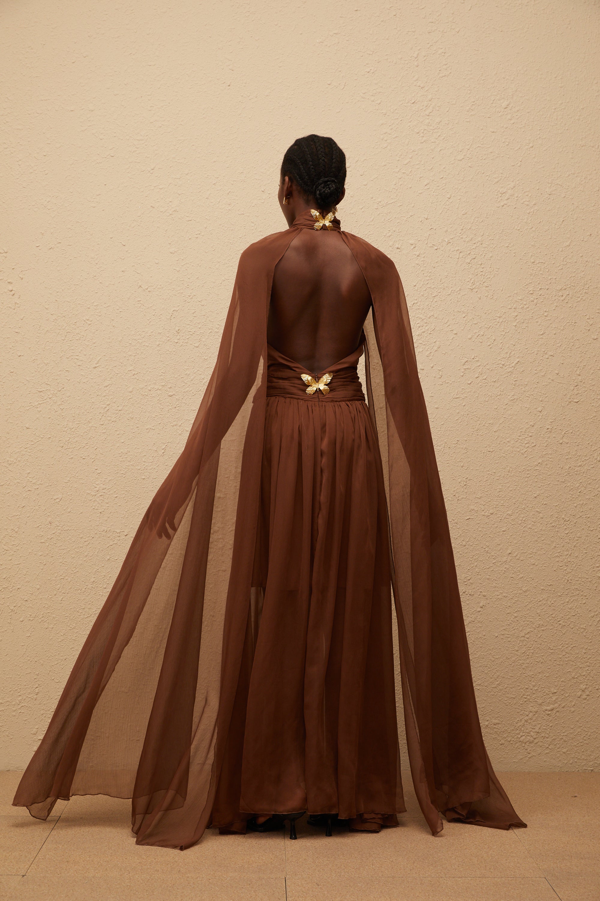 Coralie Brown Cape Design Pleated Tulle Gown