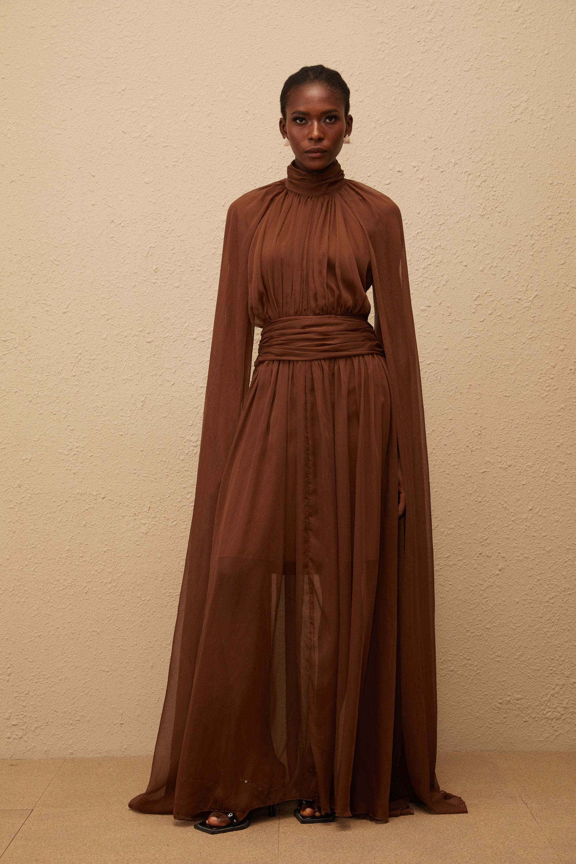 Coralie Brown Cape Design Pleated Tulle Gown