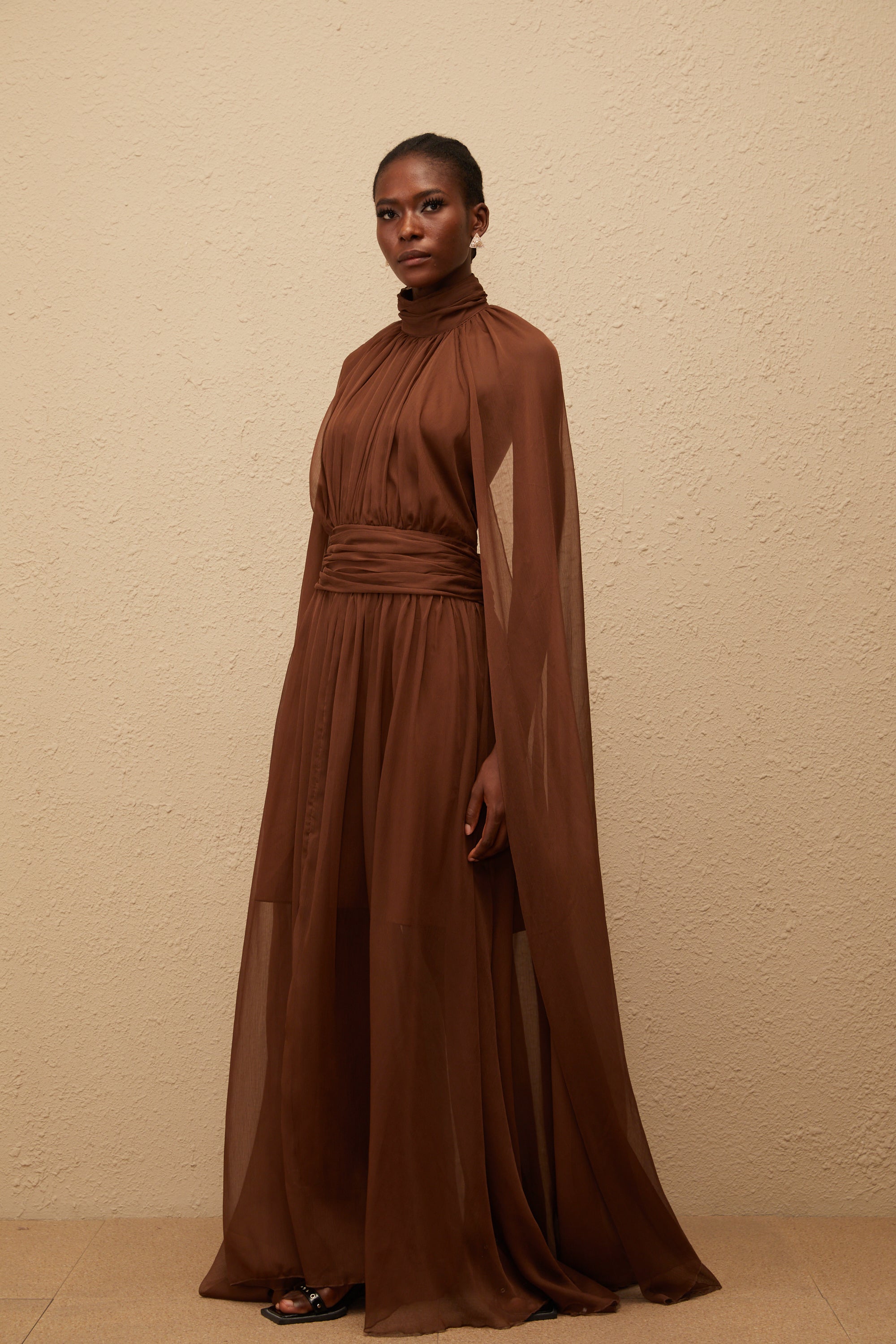 Coralie Brown Cape Design Pleated Tulle Gown