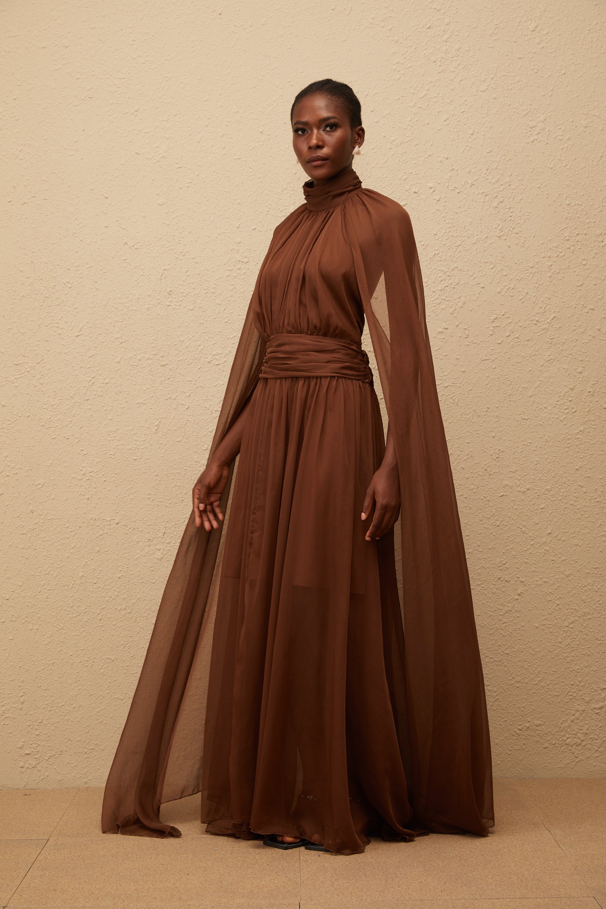 Coralie Brown Cape Design Pleated Tulle Gown