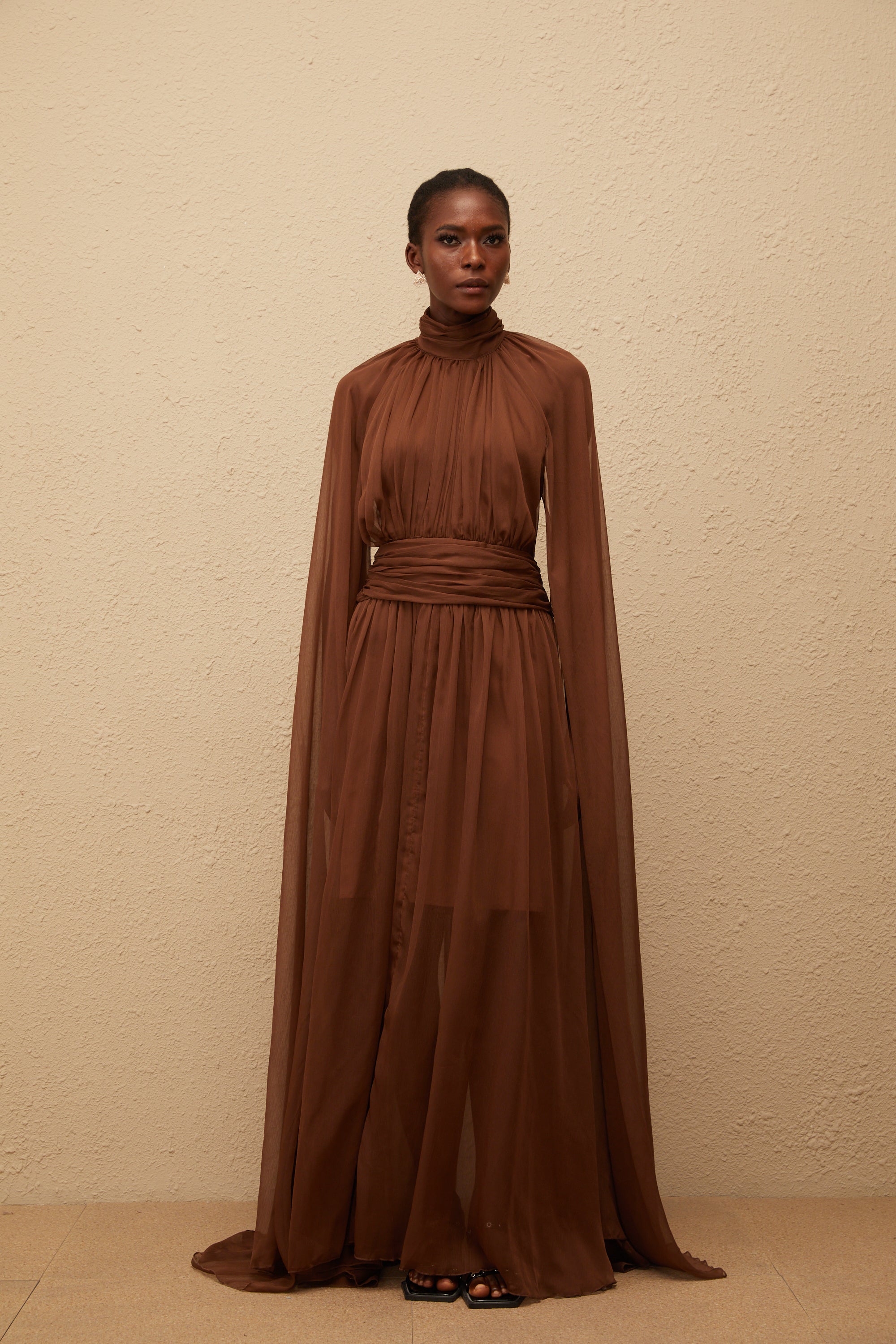 Coralie Brown Cape Design Pleated Tulle Gown