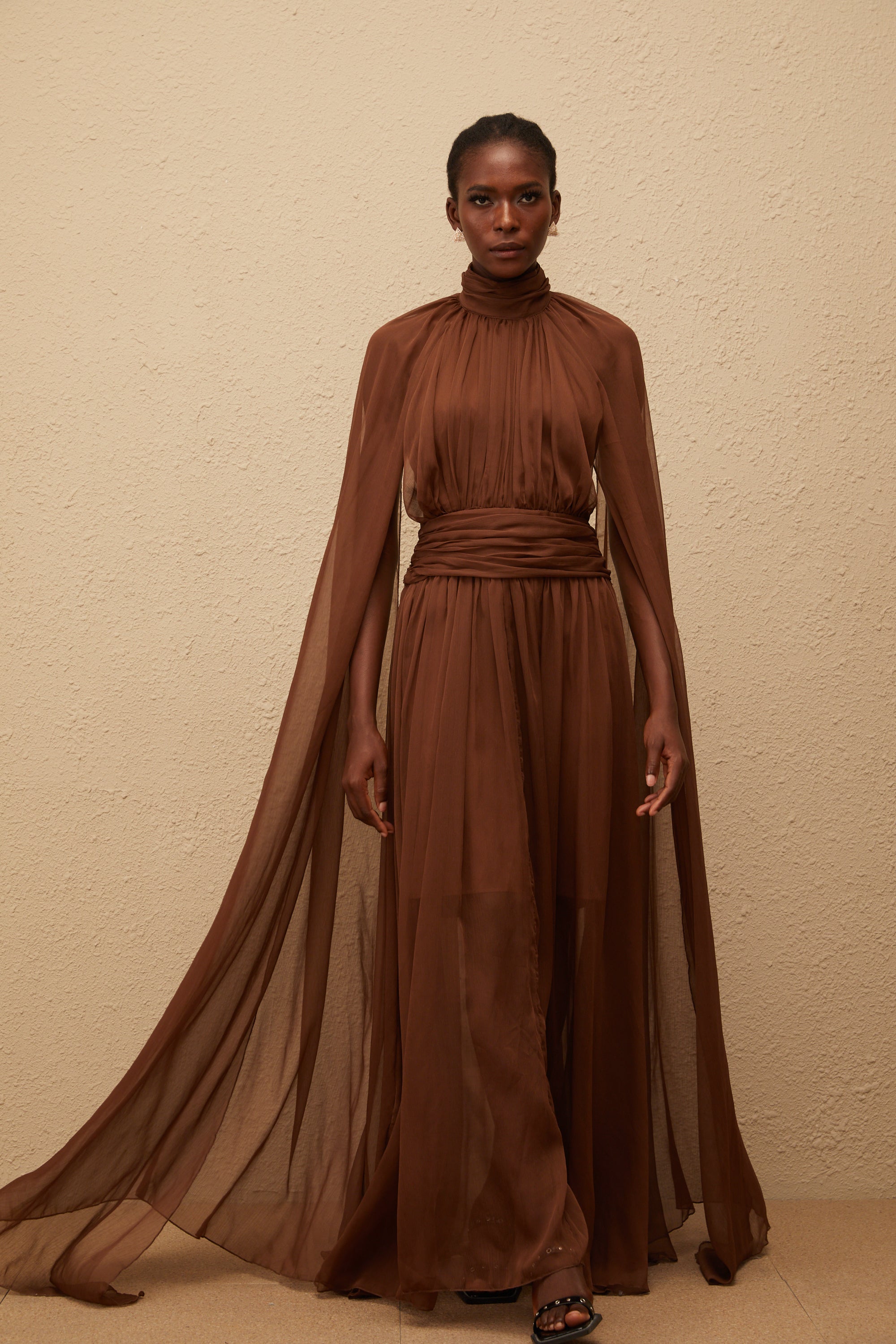 Coralie Brown Cape Design Pleated Tulle Gown