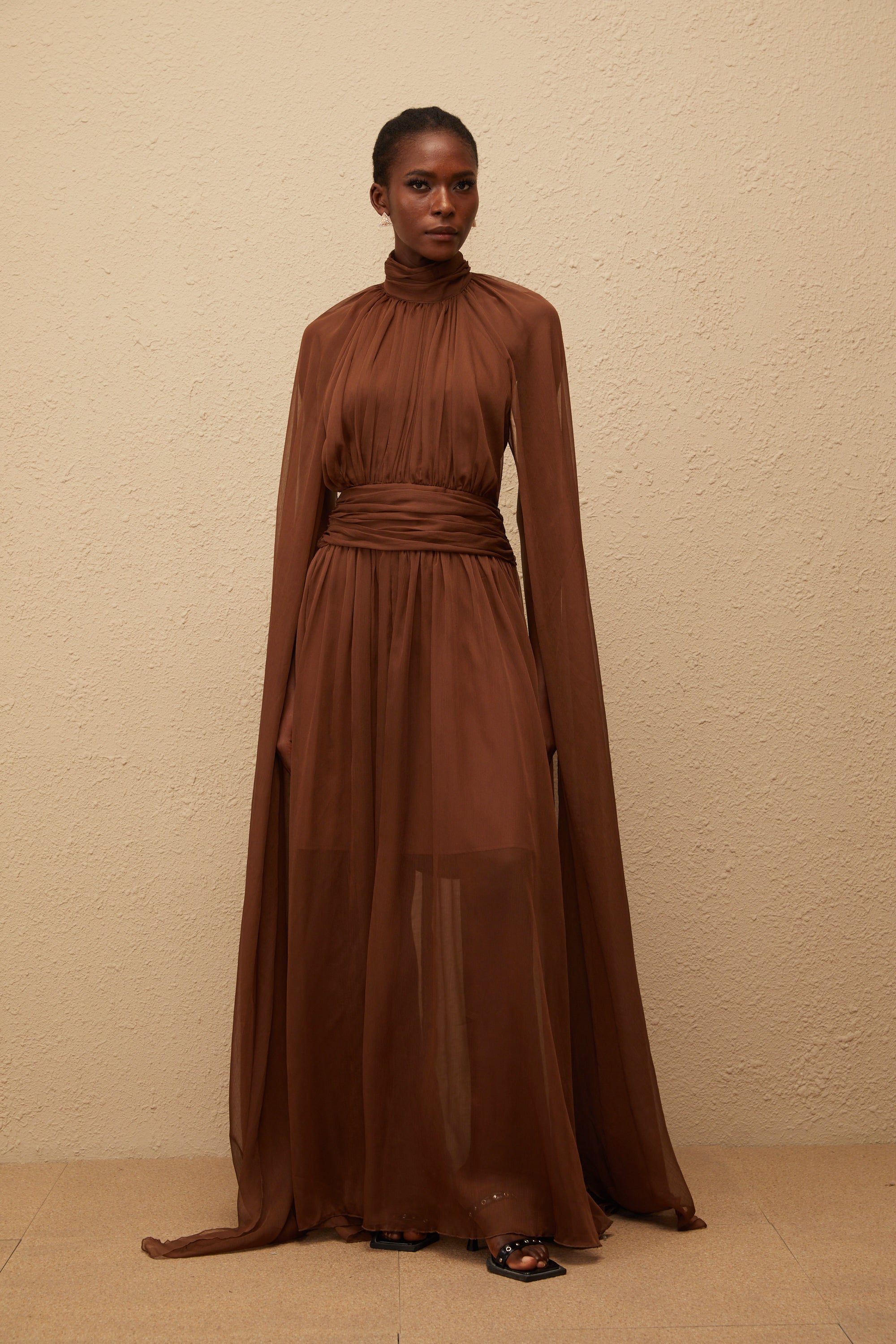 Coralie Brown Cape Design Pleated Tulle Gown