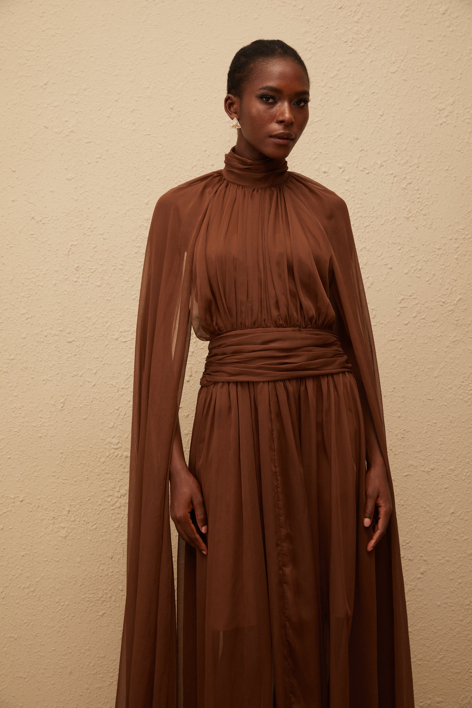 Coralie Brown Cape Design Pleated Tulle Gown