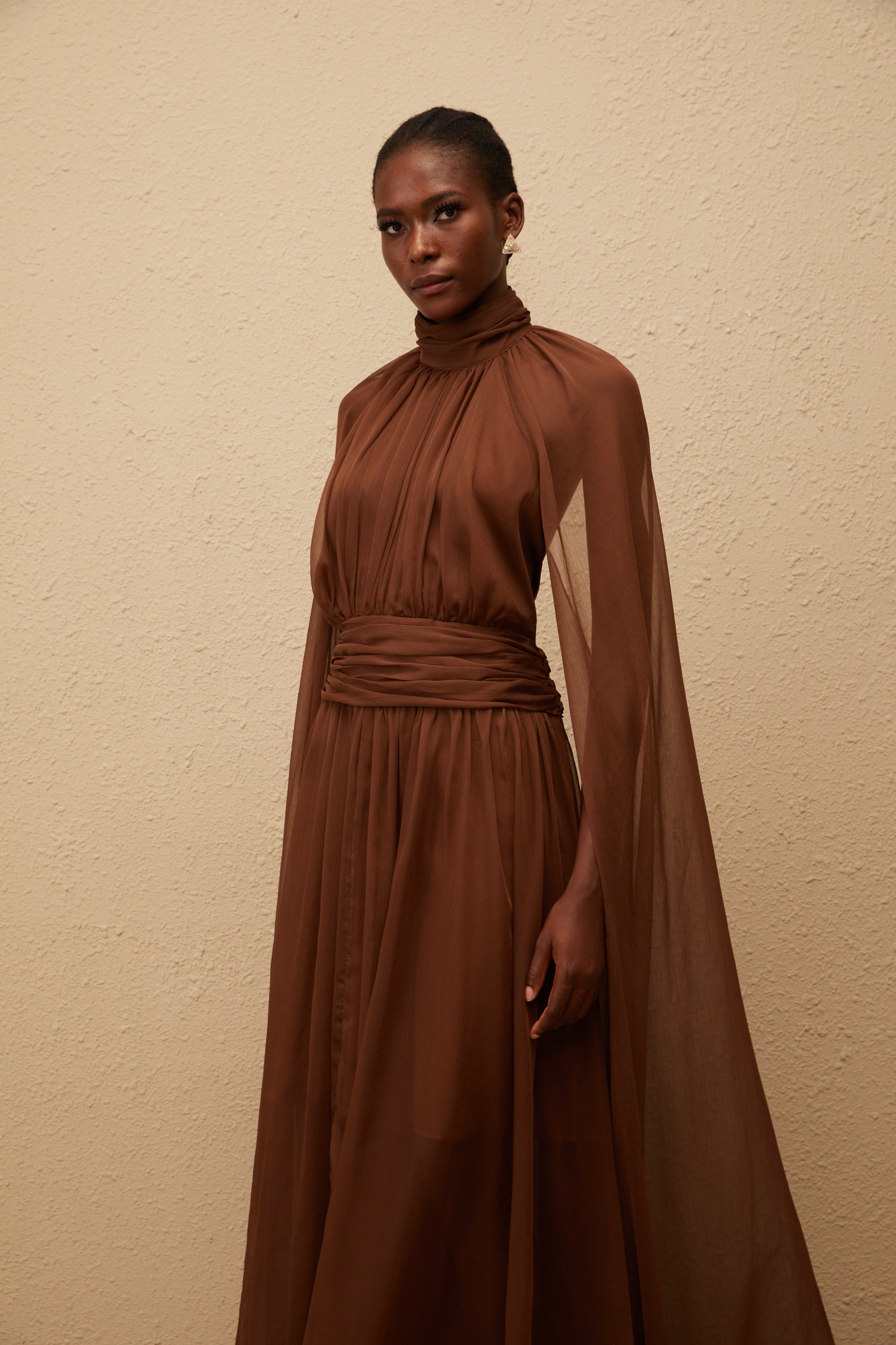 Coralie Brown Cape Design Pleated Tulle Gown
