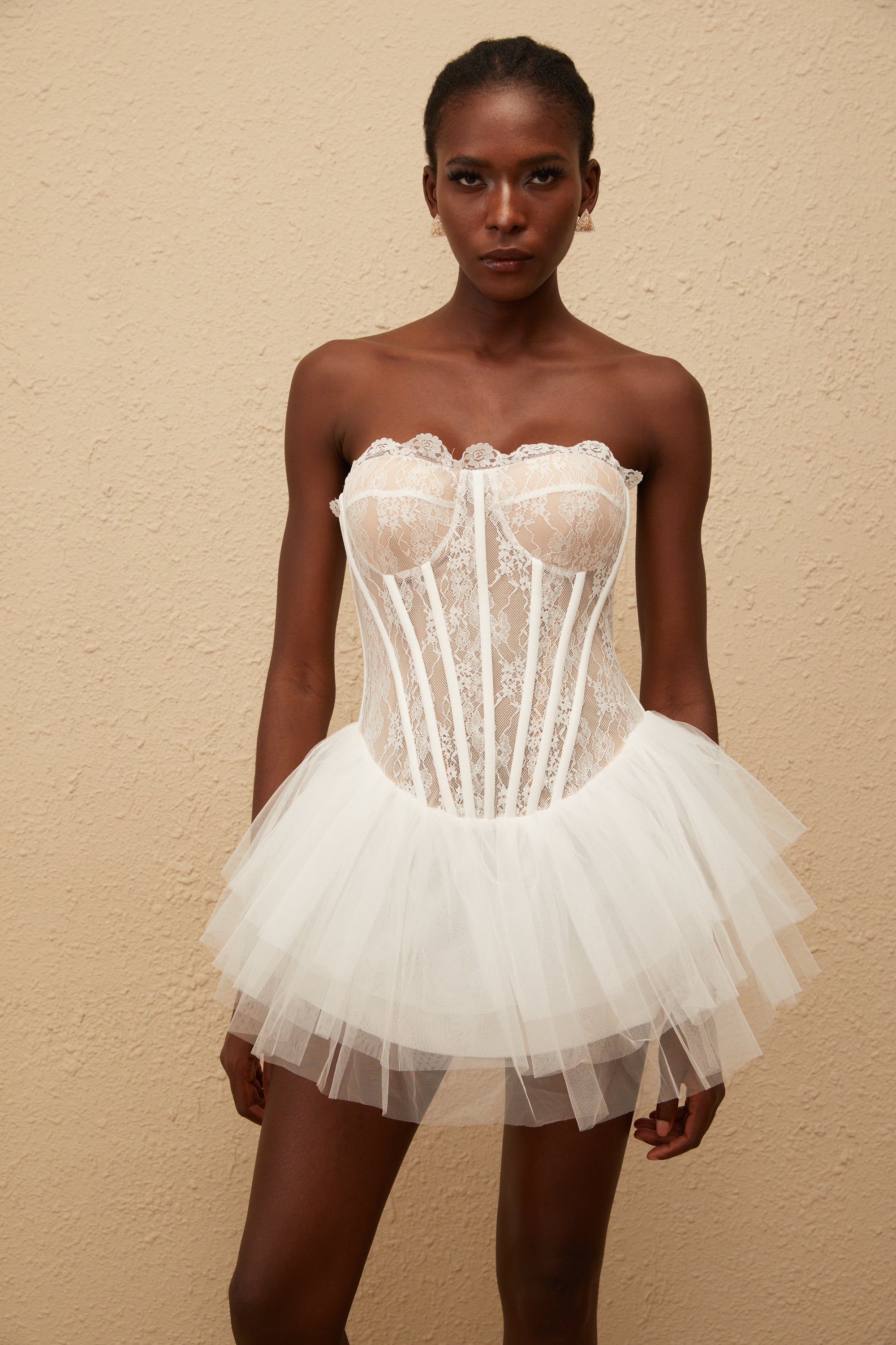 Dagmar White Tulle Panel Lace Mini Dress