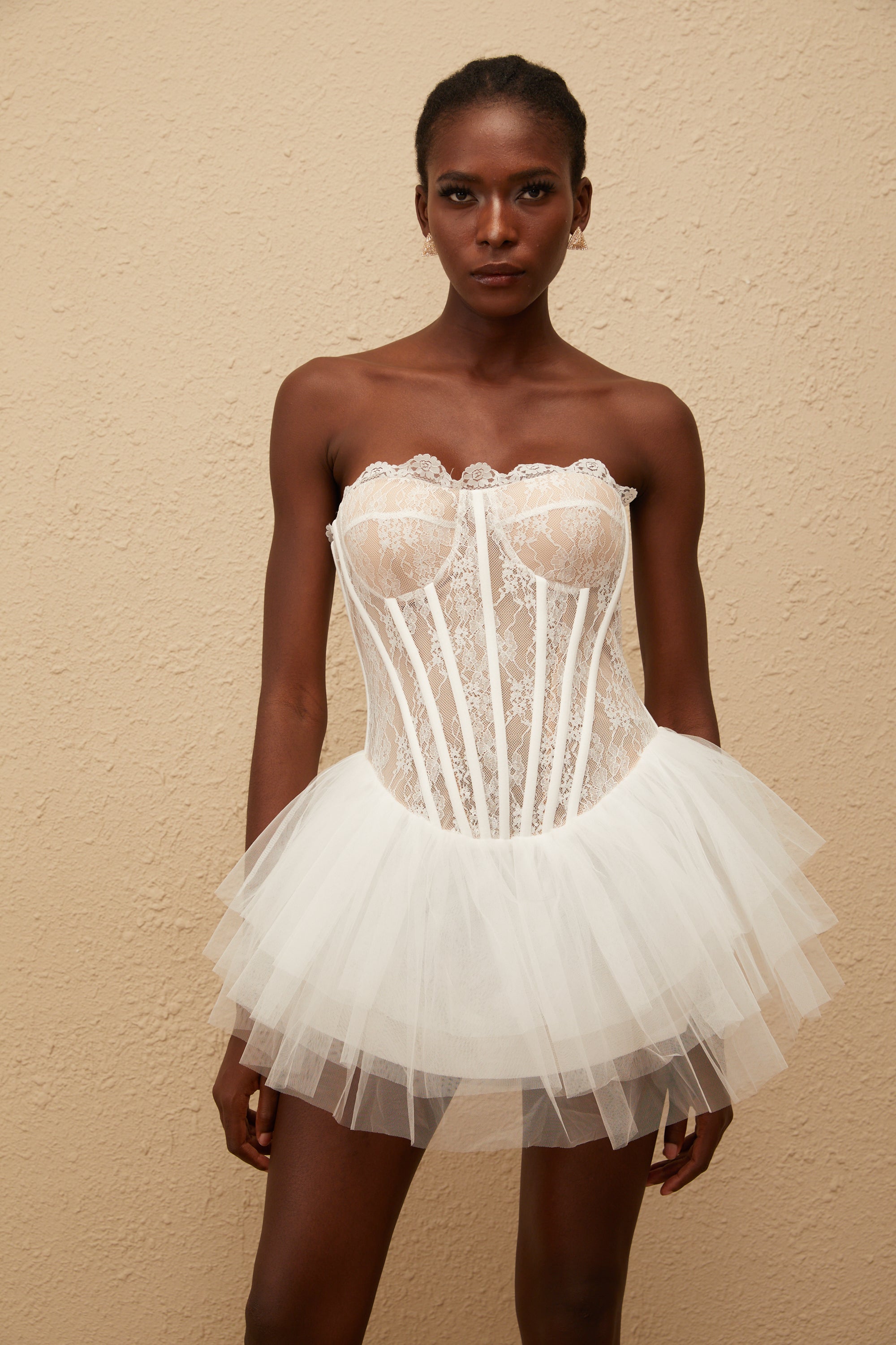 Dagmar White Tulle Panel Lace Mini Dress