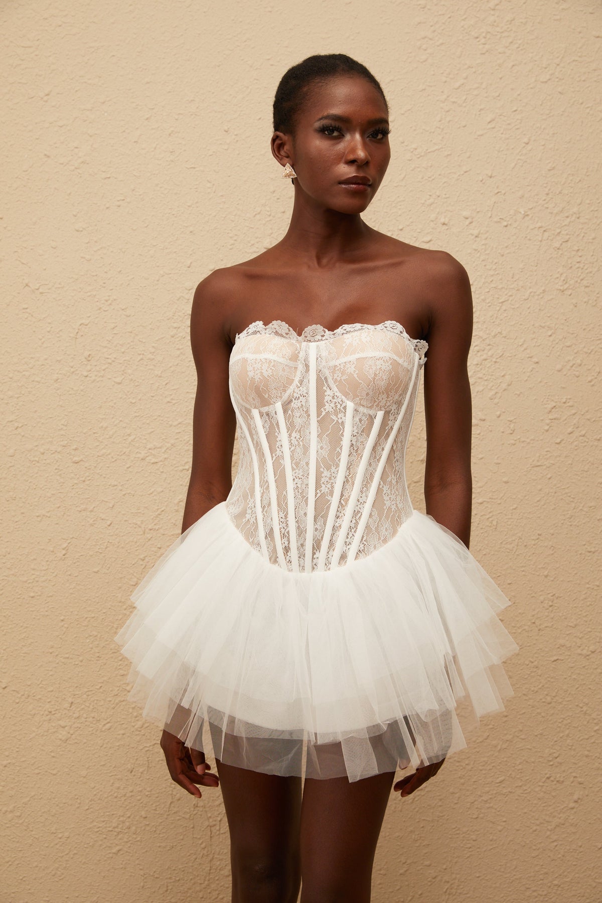 Dagmar White Tulle Panel Lace Mini Dress