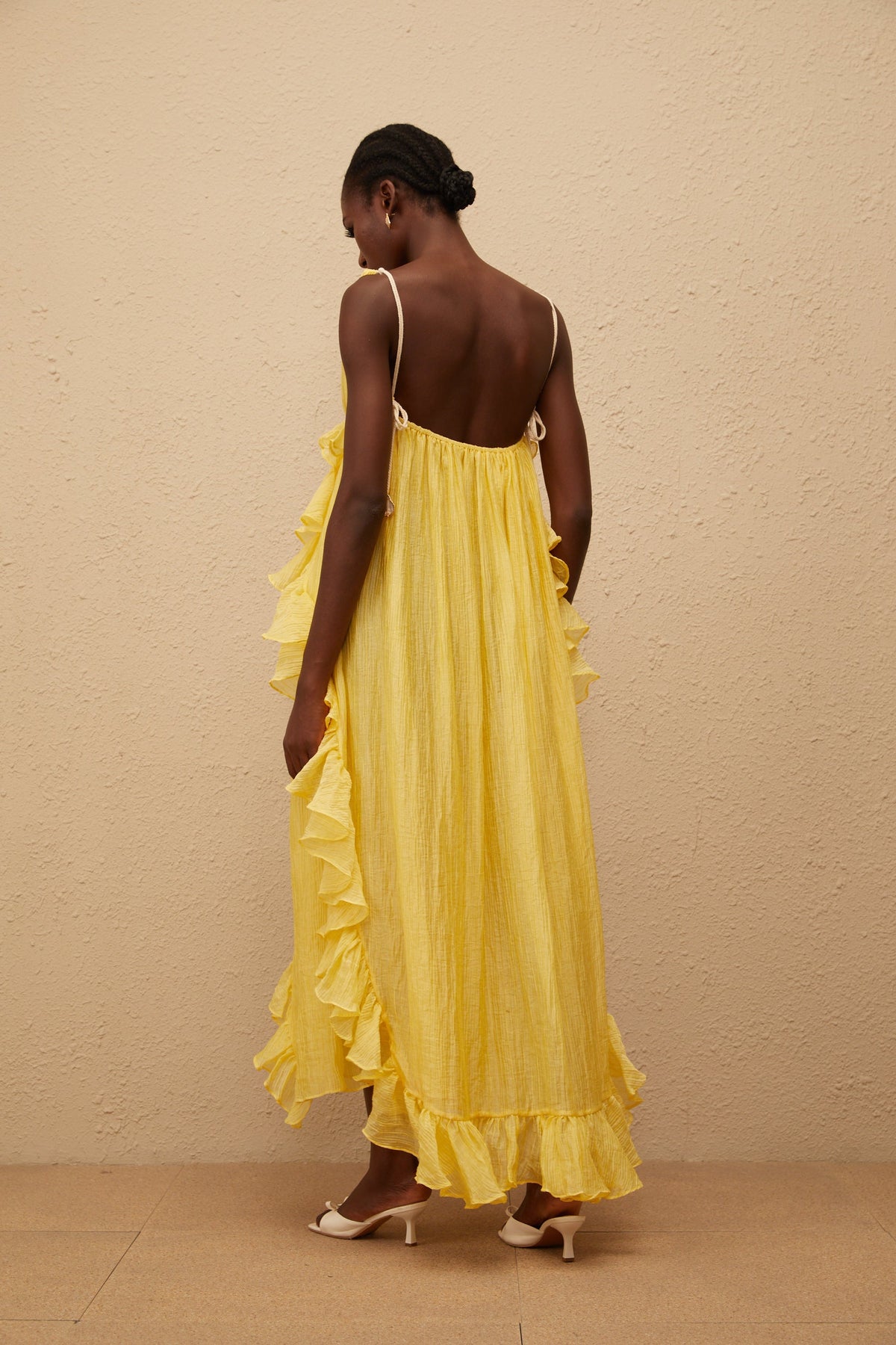Estelle Yellow Crinkled Ruffled Maxi Dress