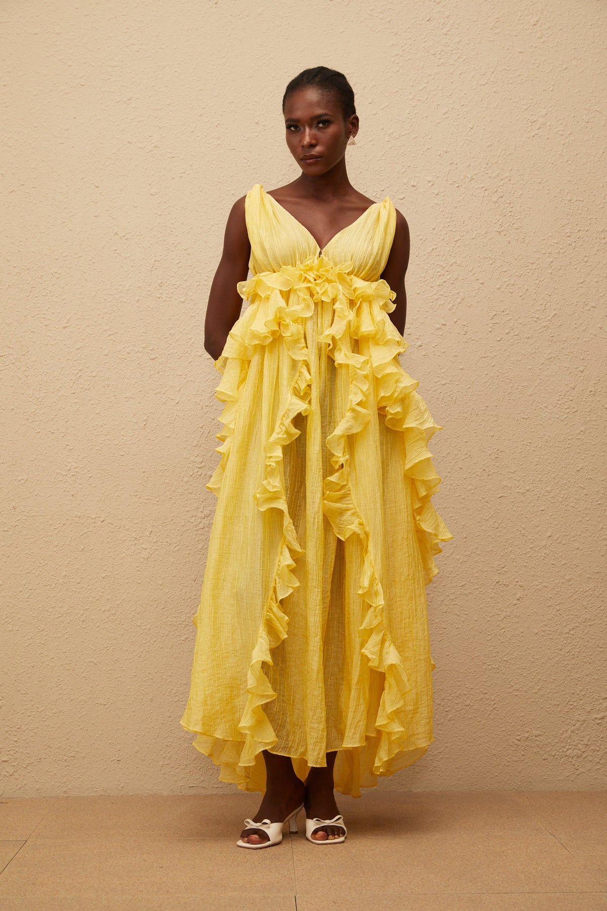 Estelle Yellow Crinkled Ruffled Maxi Dress