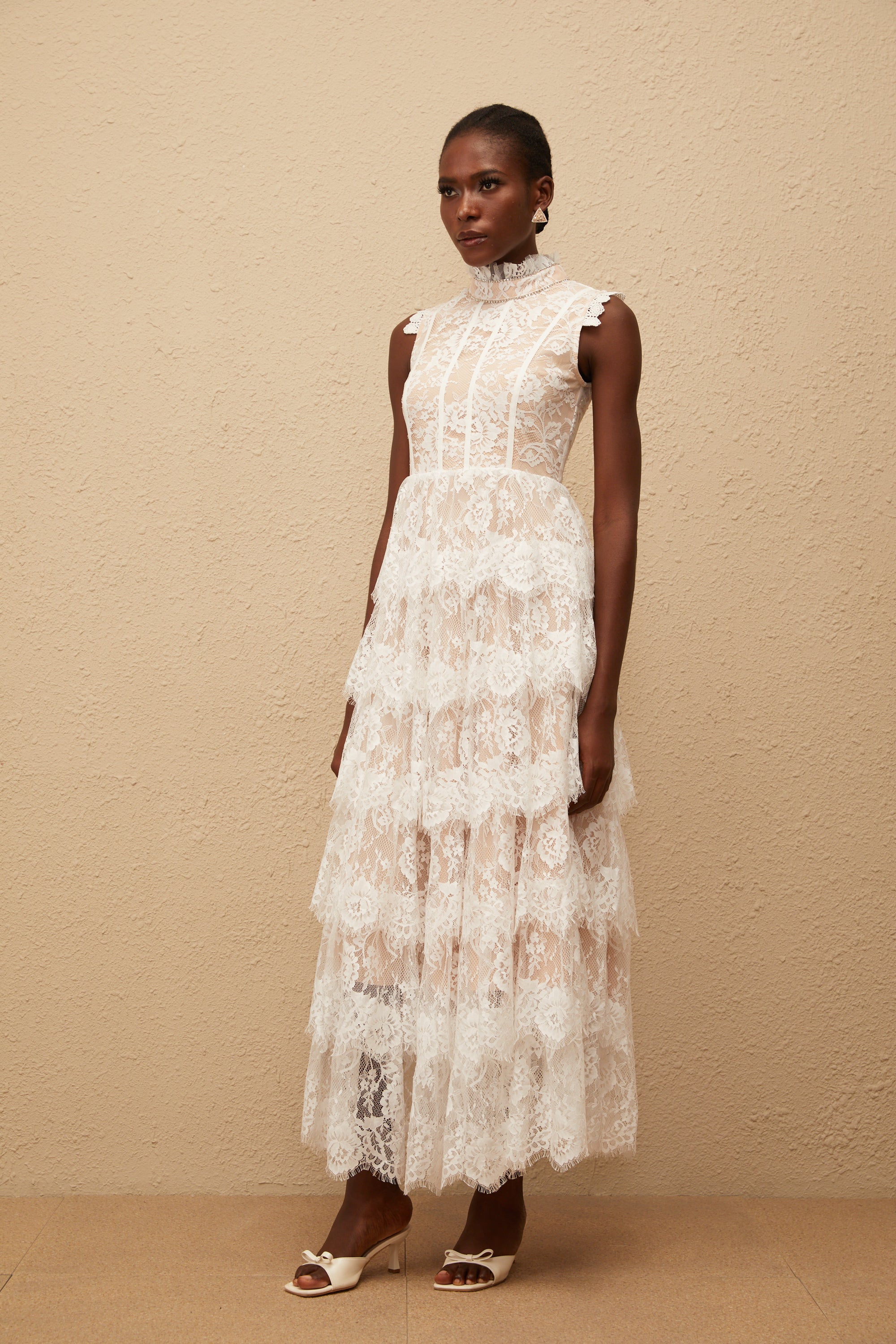 Thérèse White Embellished Floral Lace Tiered Maxi Dress