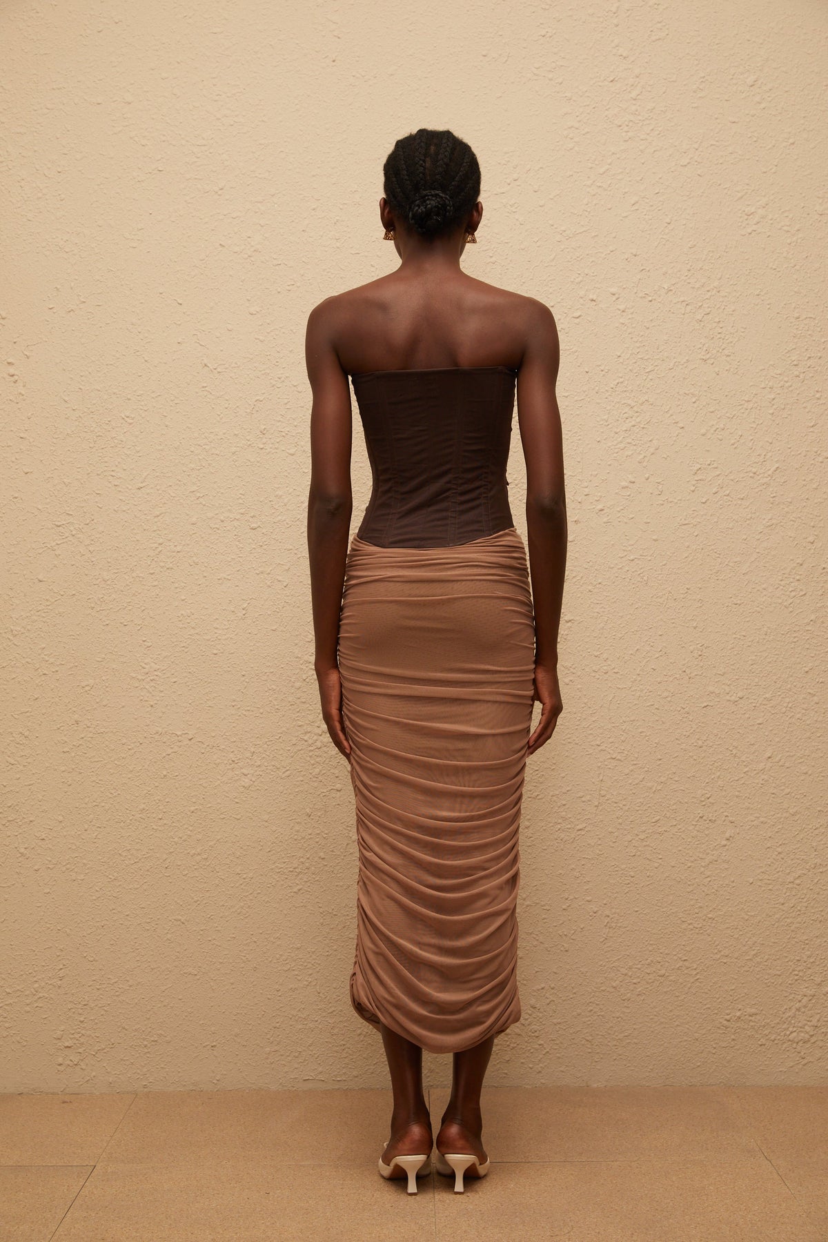 Paisley Brown Panelled Draped Mesh Midi Dress (Final Sale)