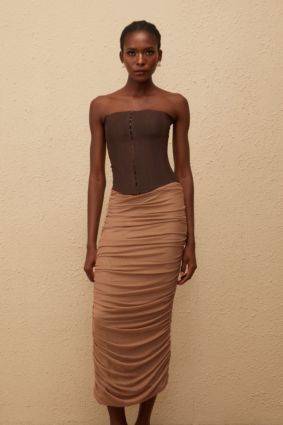 Paisley Brown Panelled Draped Mesh Midi Dress
