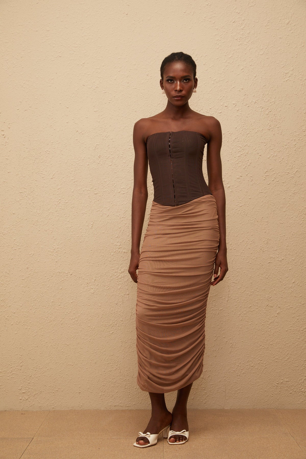 Paisley Brown Panelled Draped Mesh Midi Dress (Final Sale)
