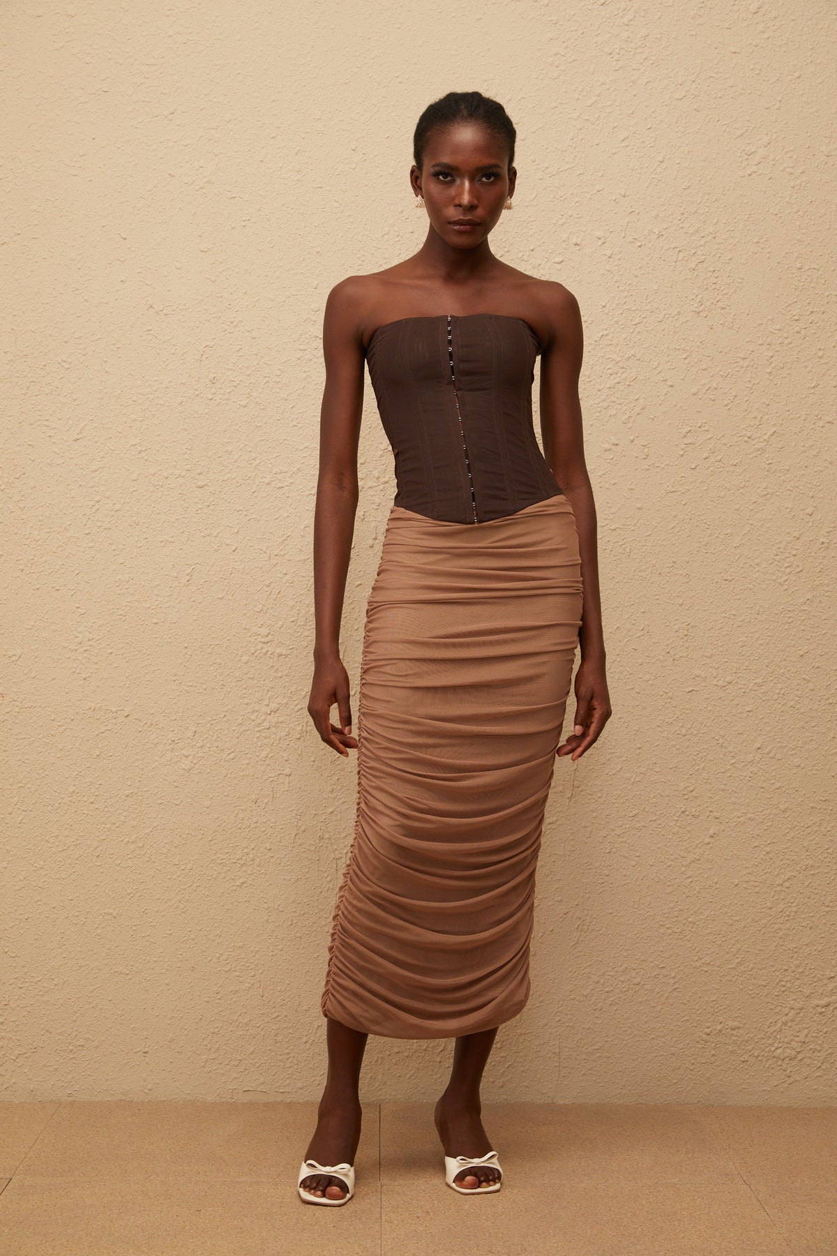 Paisley Brown Panelled Draped Mesh Midi Dress (Final Sale)