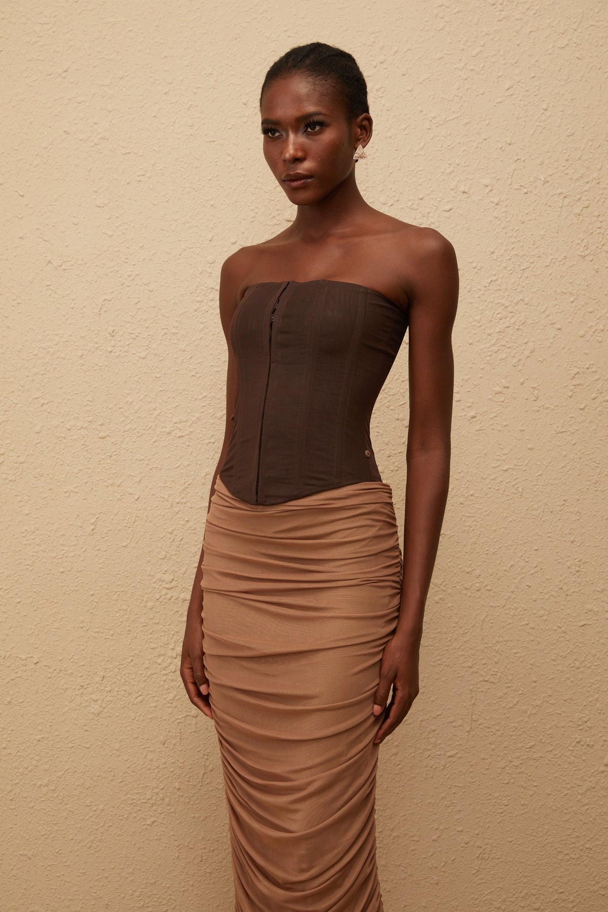 Paisley Brown Panelled Draped Mesh Midi Dress (Final Sale)