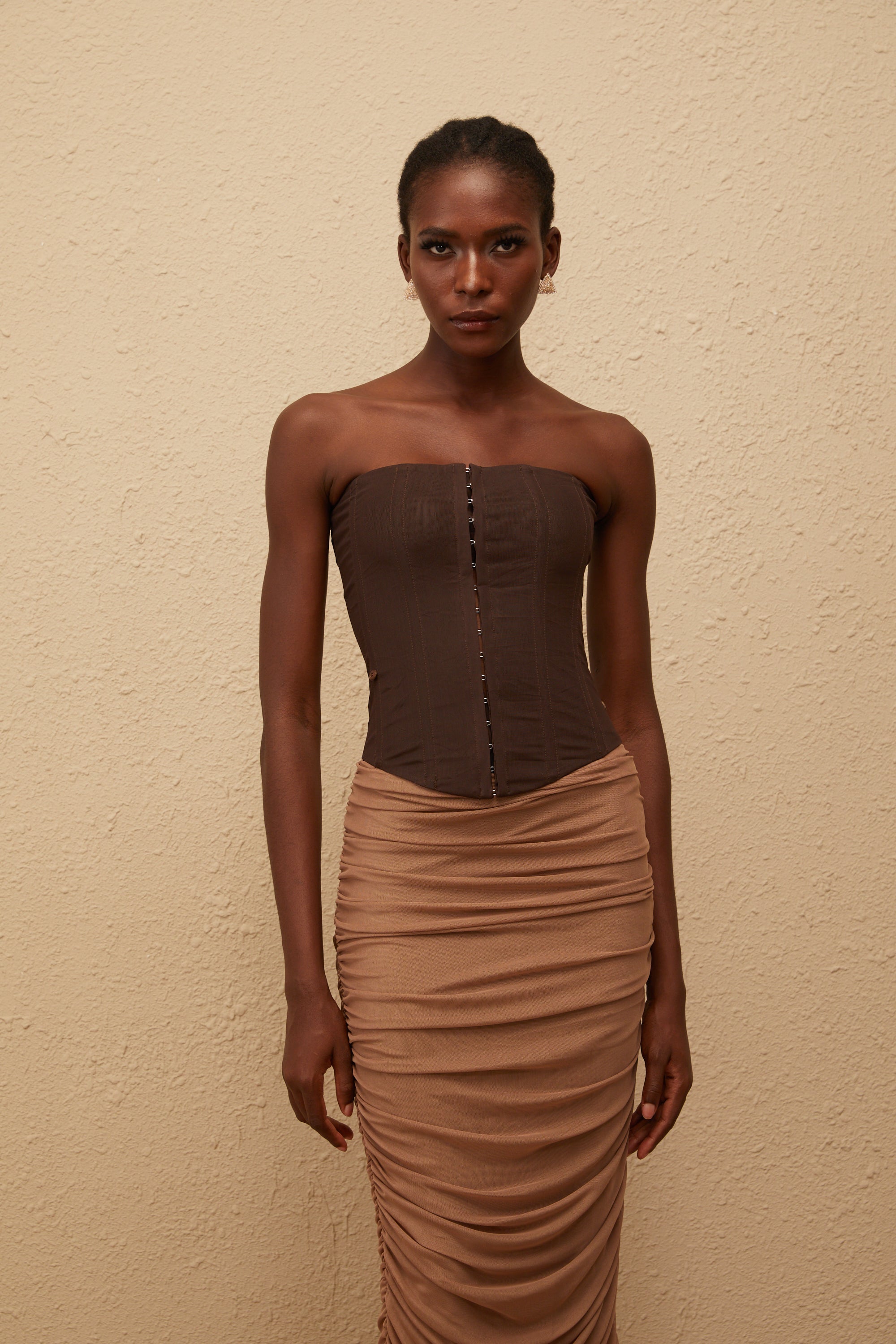 Paisley Brown Panelled Draped Mesh Midi Dress