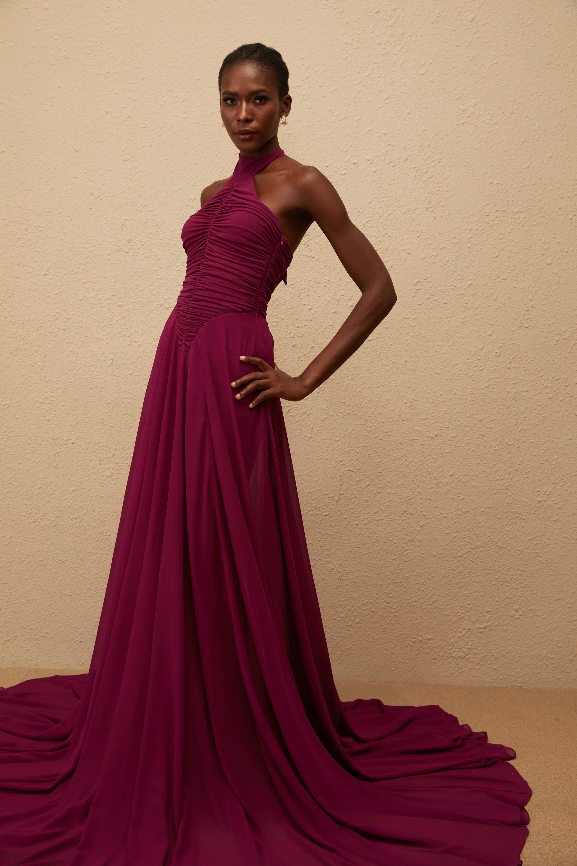 Kerstin Purple Train Design Ruched Maxi Dress (Final Sale-US Only)