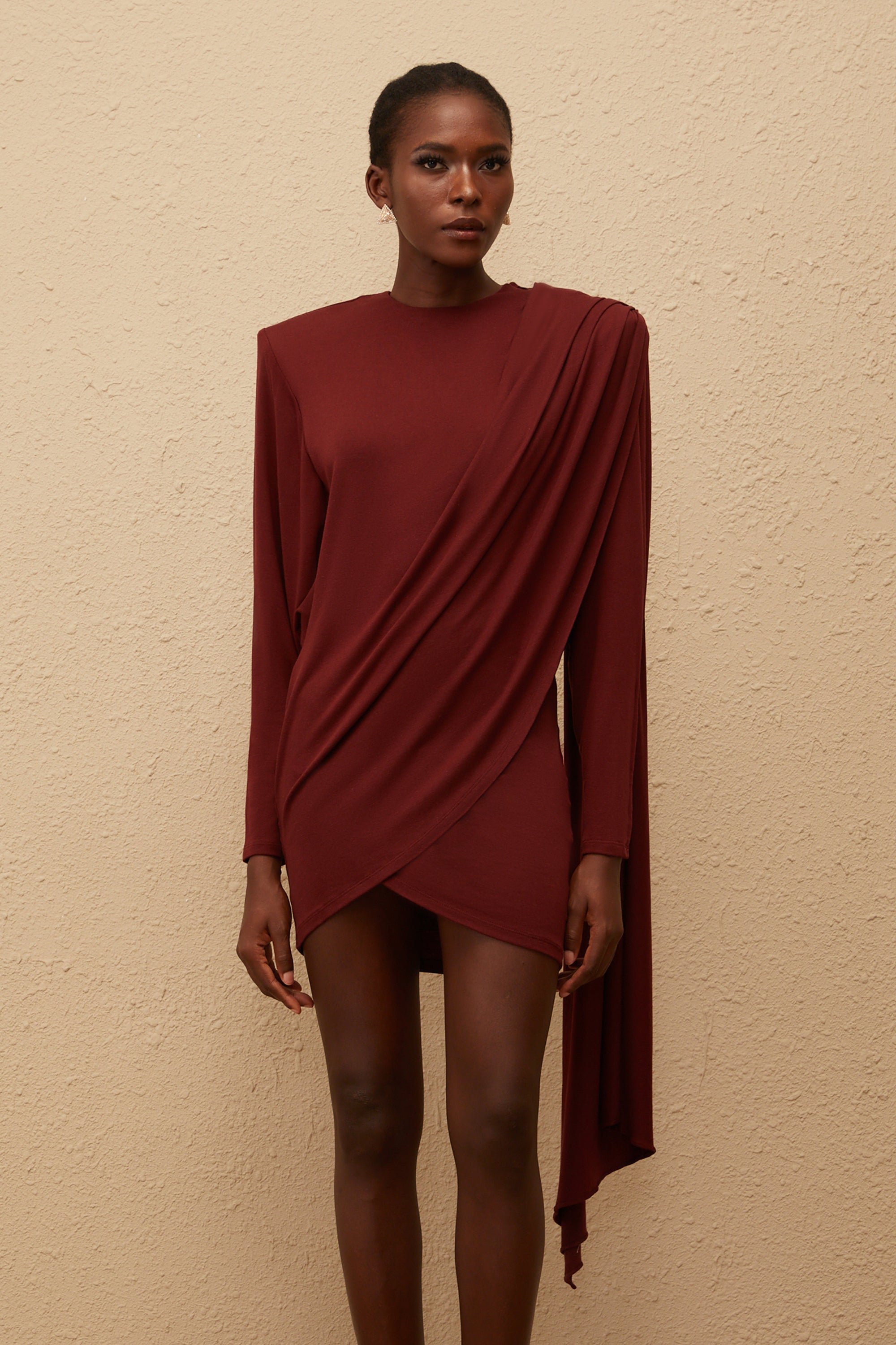 Garance Maroon Asymmetrical Knit Mini Dress (Final Sale-US Only)