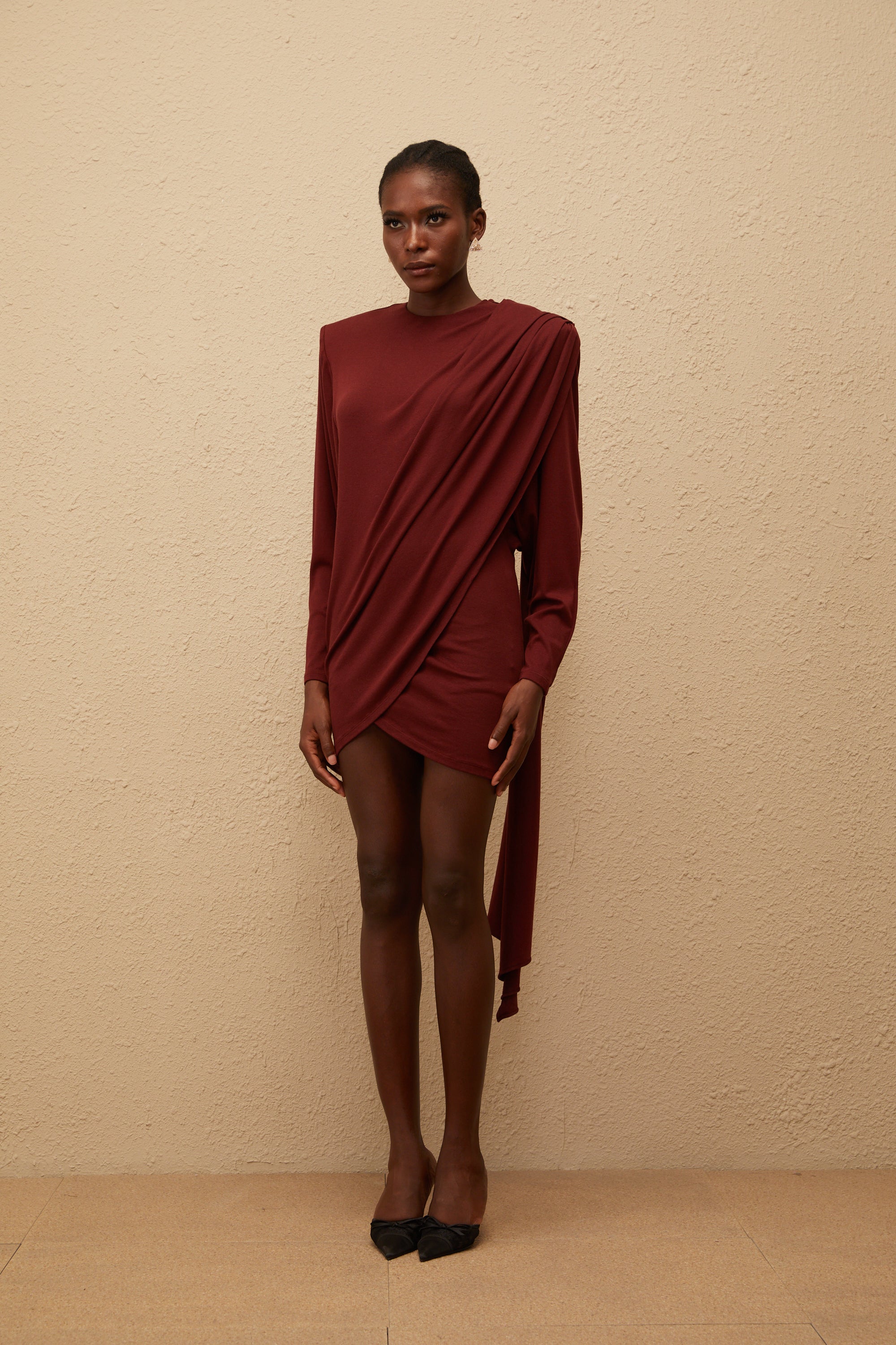 Garance Maroon Asymmetrical Knit Mini Dress (Final Sale-US Only)