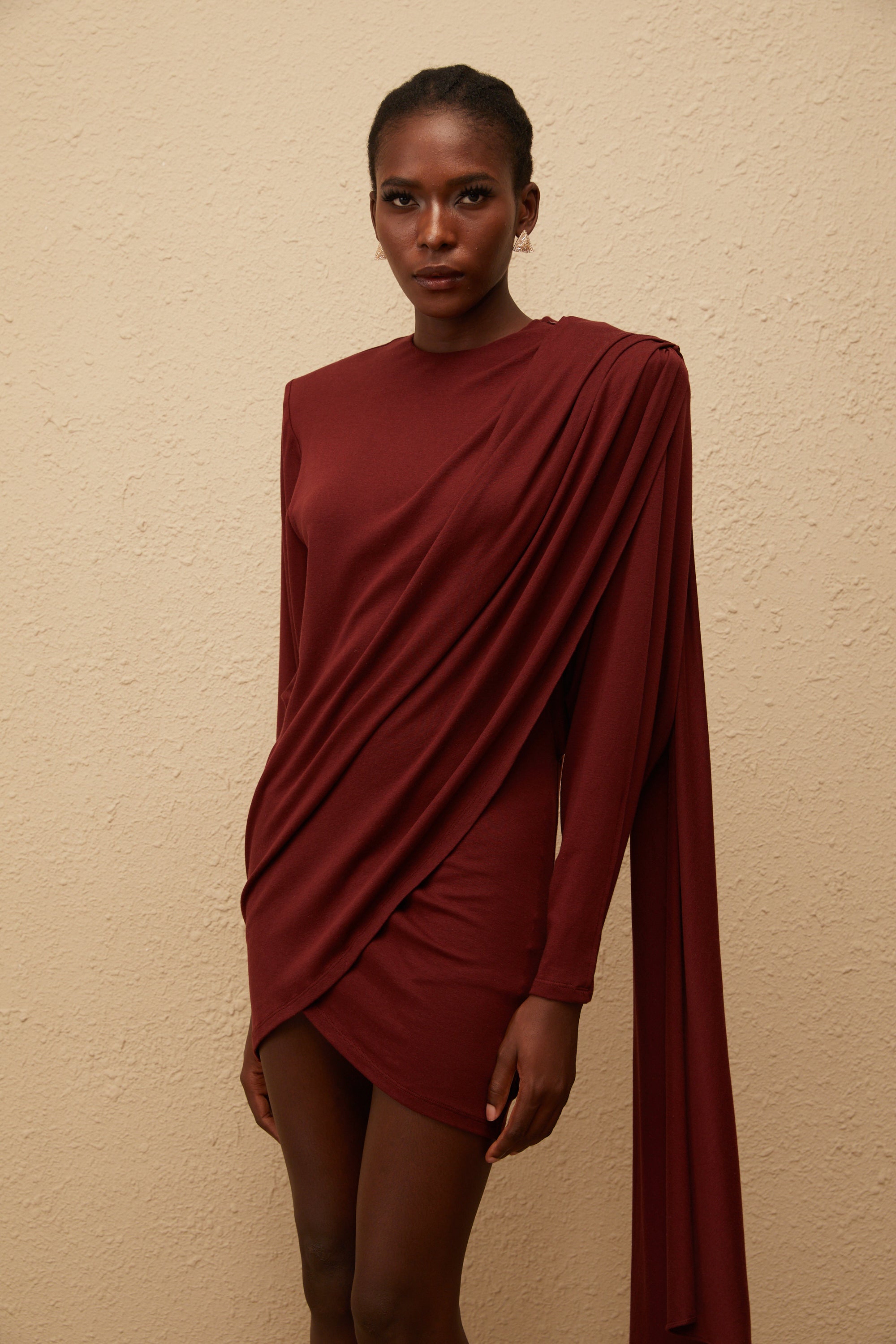 Garance Maroon Asymmetrical Knit Mini Dress (Final Sale-US Only)