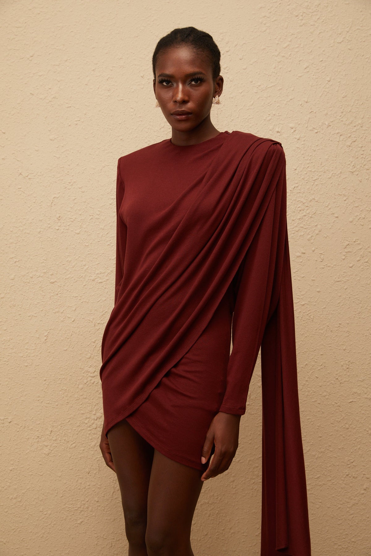 Garance Maroon Asymmetrical Knit Mini Dress (Final Sale-US Only)