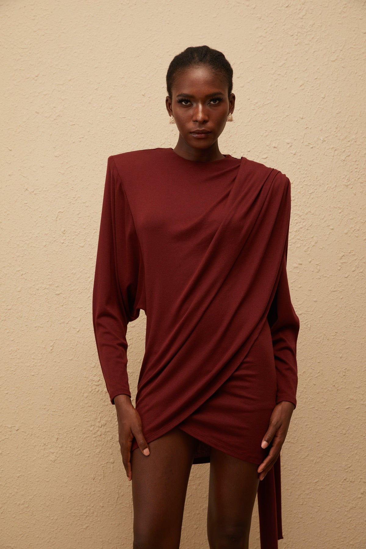 Garance Maroon Asymmetrical Knit Mini Dress (Final Sale-US Only)