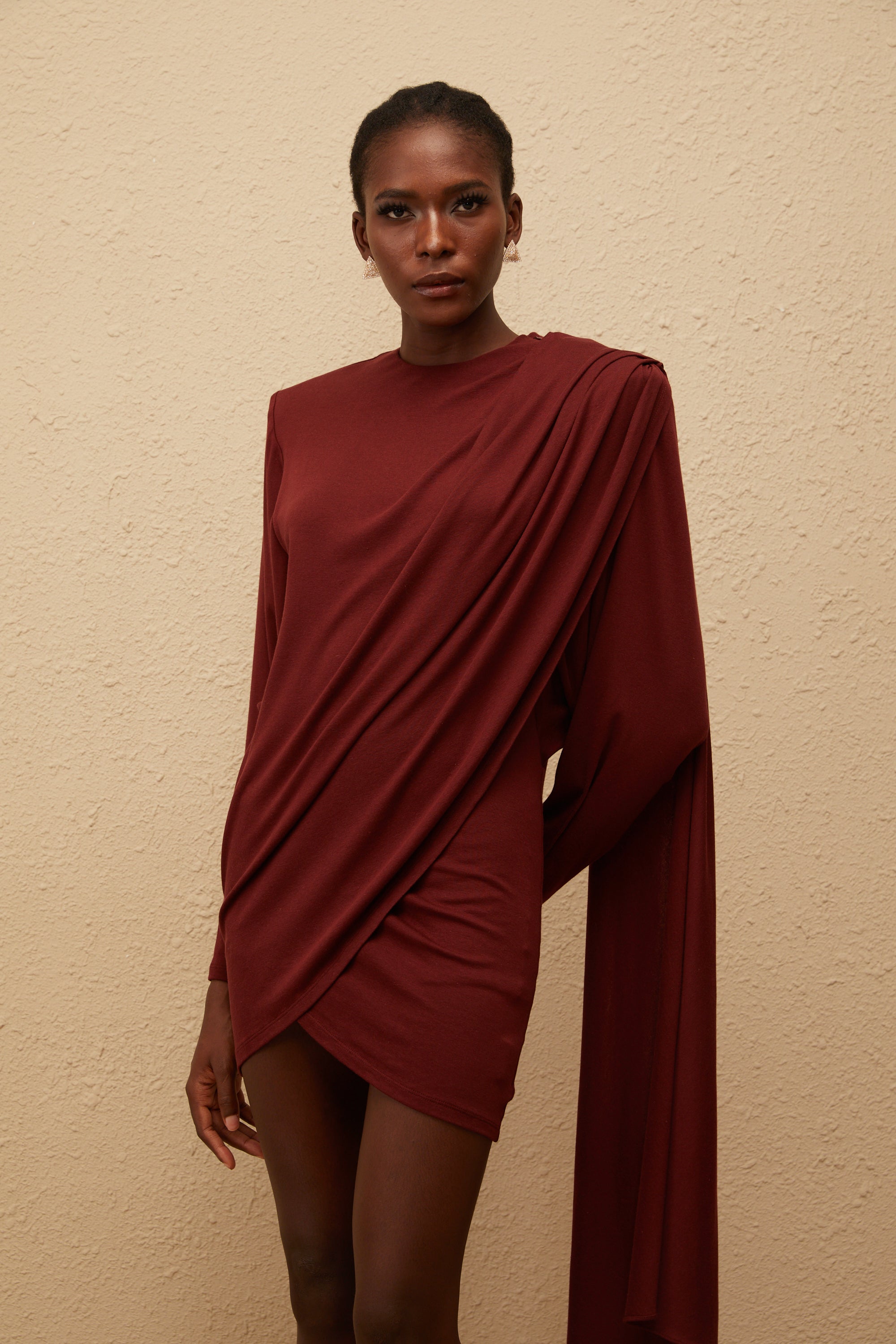 Garance Maroon Asymmetrical Knit Mini Dress (Final Sale-US Only)